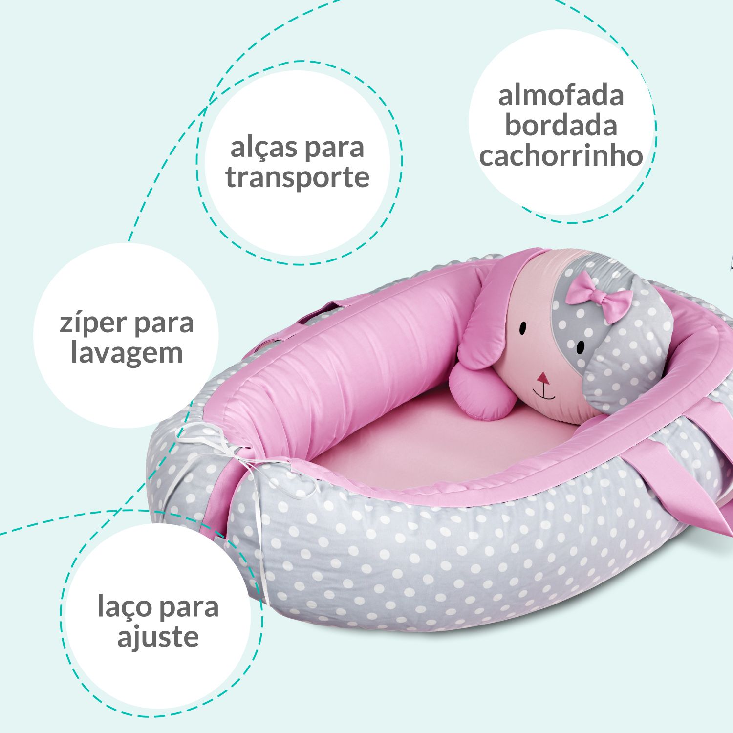 Ninho para Bebê Redutor de Berço Amiguinha Cachorrinha Rosa 75cm
