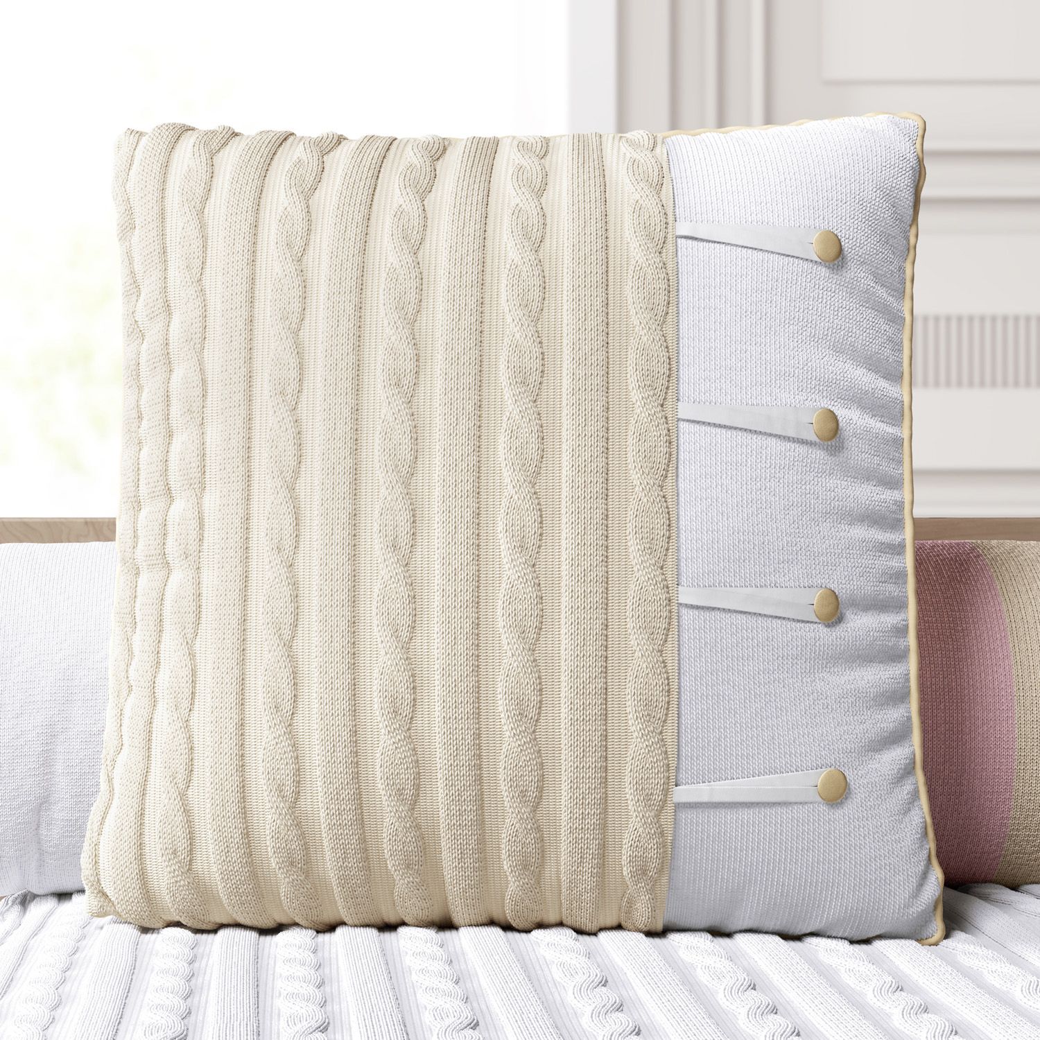 Almofada Quadrada Tricot Botão Bege 38CM