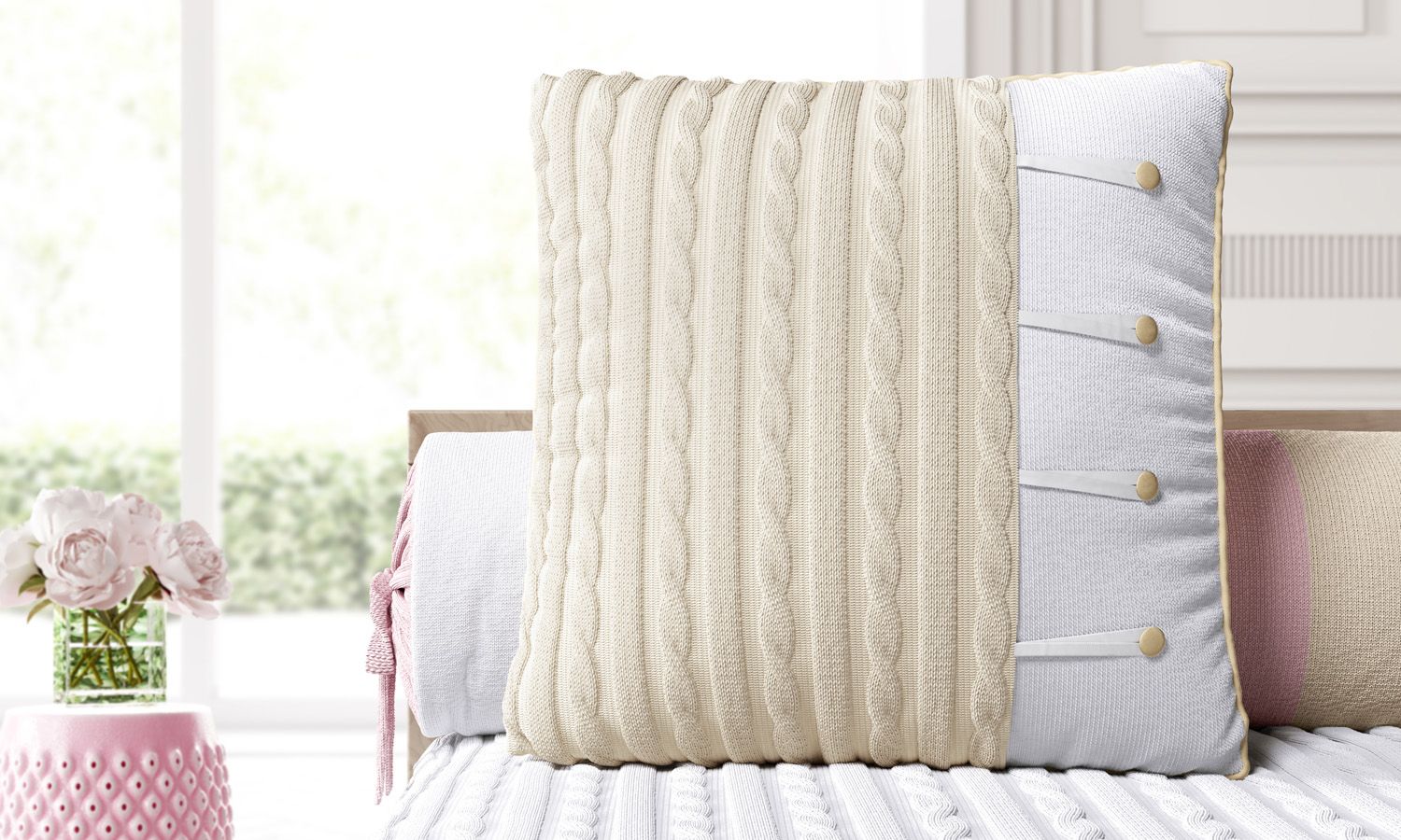 Almofada Quadrada Tricot Botão Bege 38CM