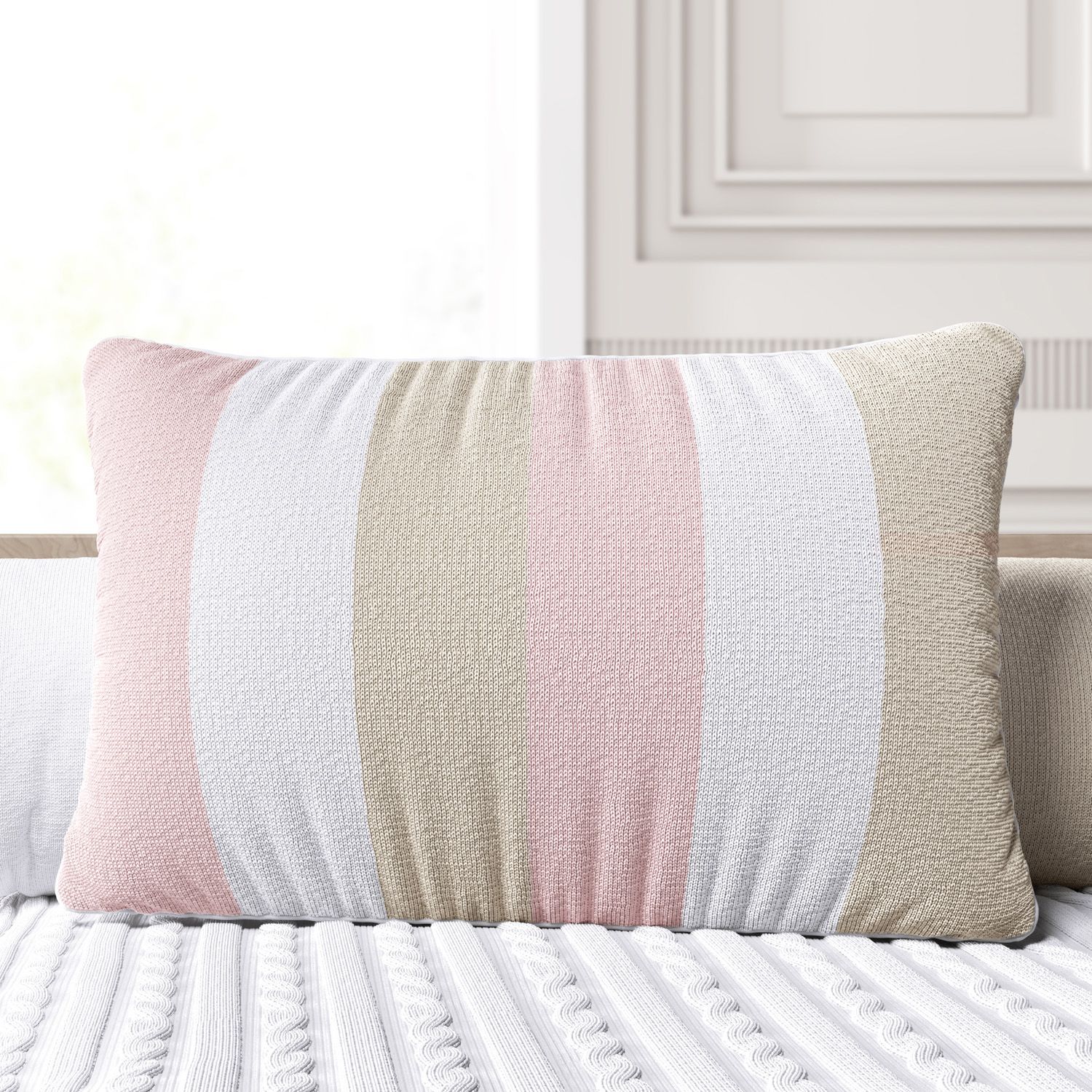 Almofada Tricot Listras Rosa/Branco e Bege 45CM