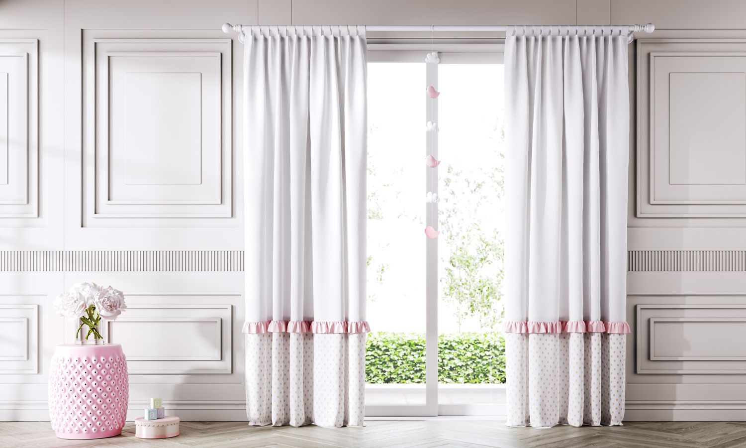 Cortina Poá Babado Rosa