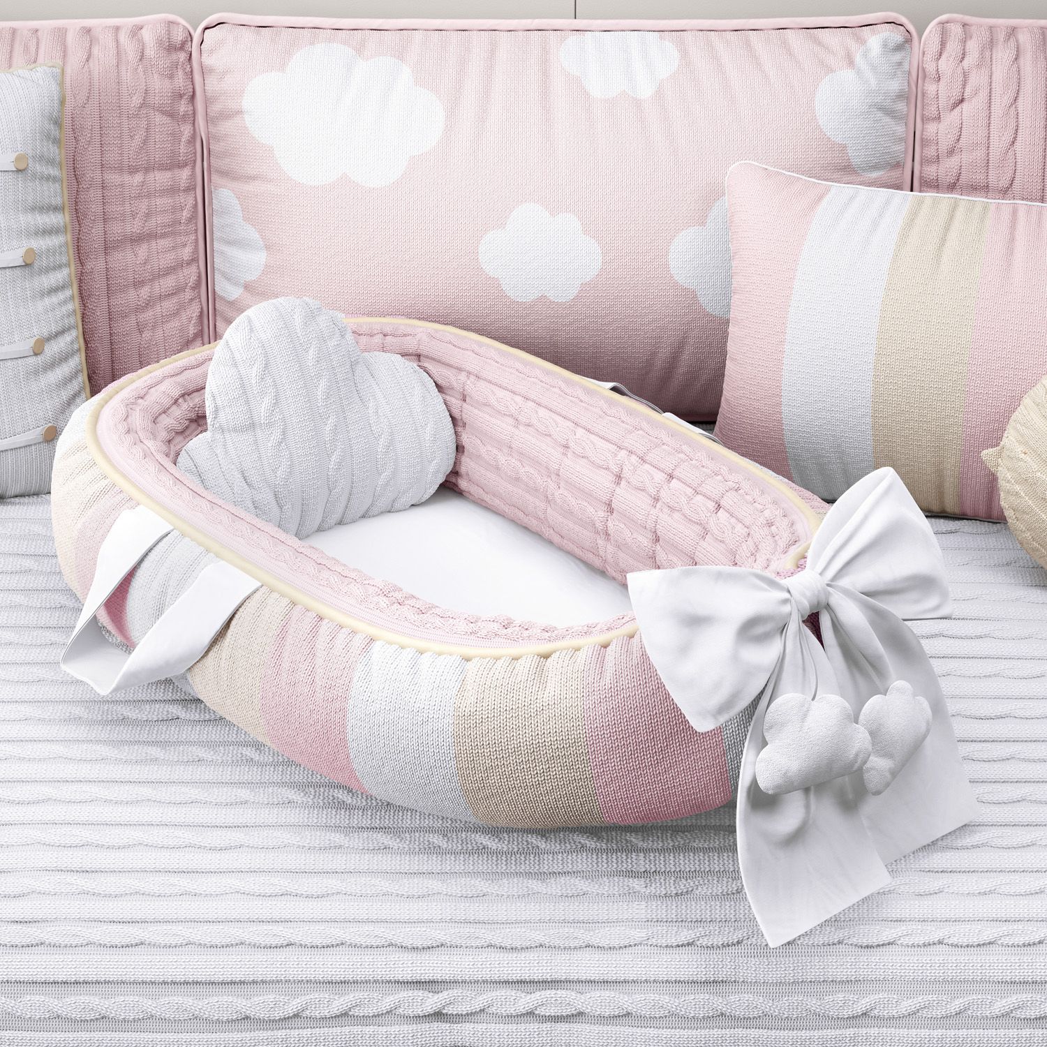 Ninho para Bebê Redutor de Berço Tricot Nuvem Rosa 80cm
