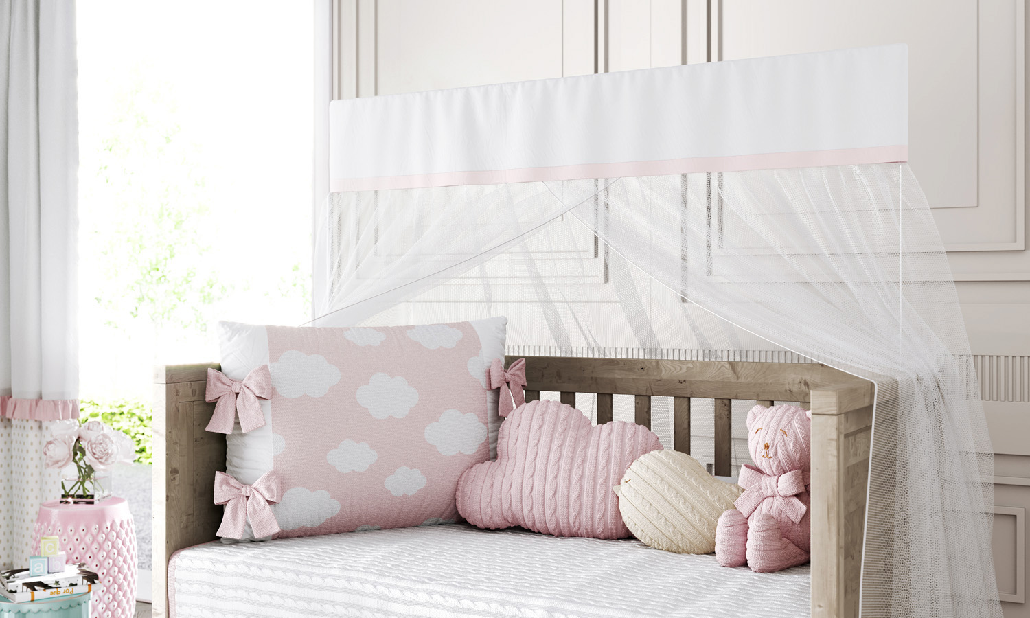 Kit Berço Tricot Nuvem Rosa 6 Peças