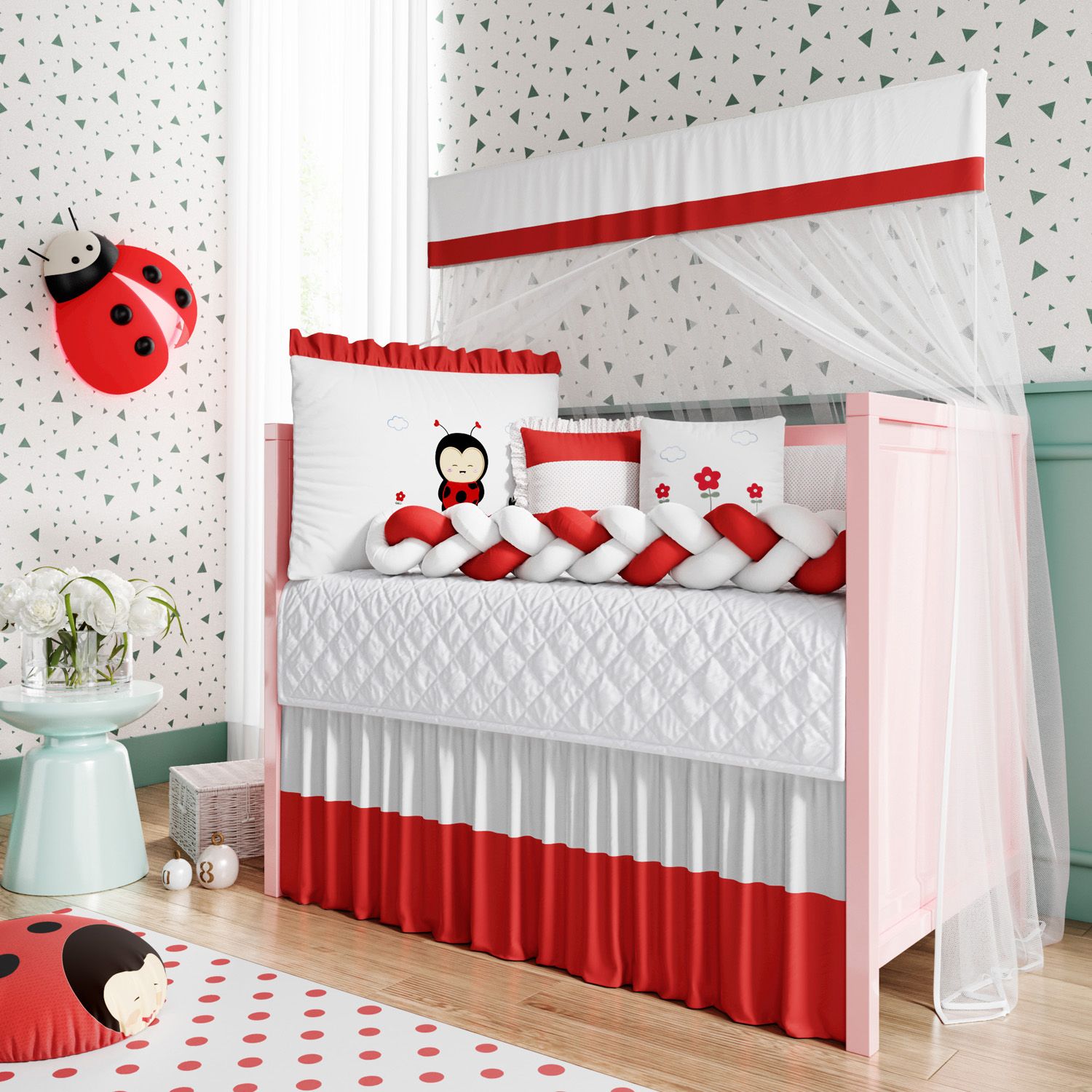 Kit Berço Trança Joaninha Vermelho e Branco