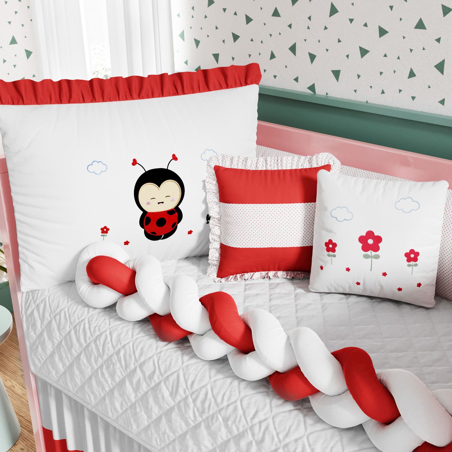 Kit Berço Trança Joaninha Vermelho e Branco