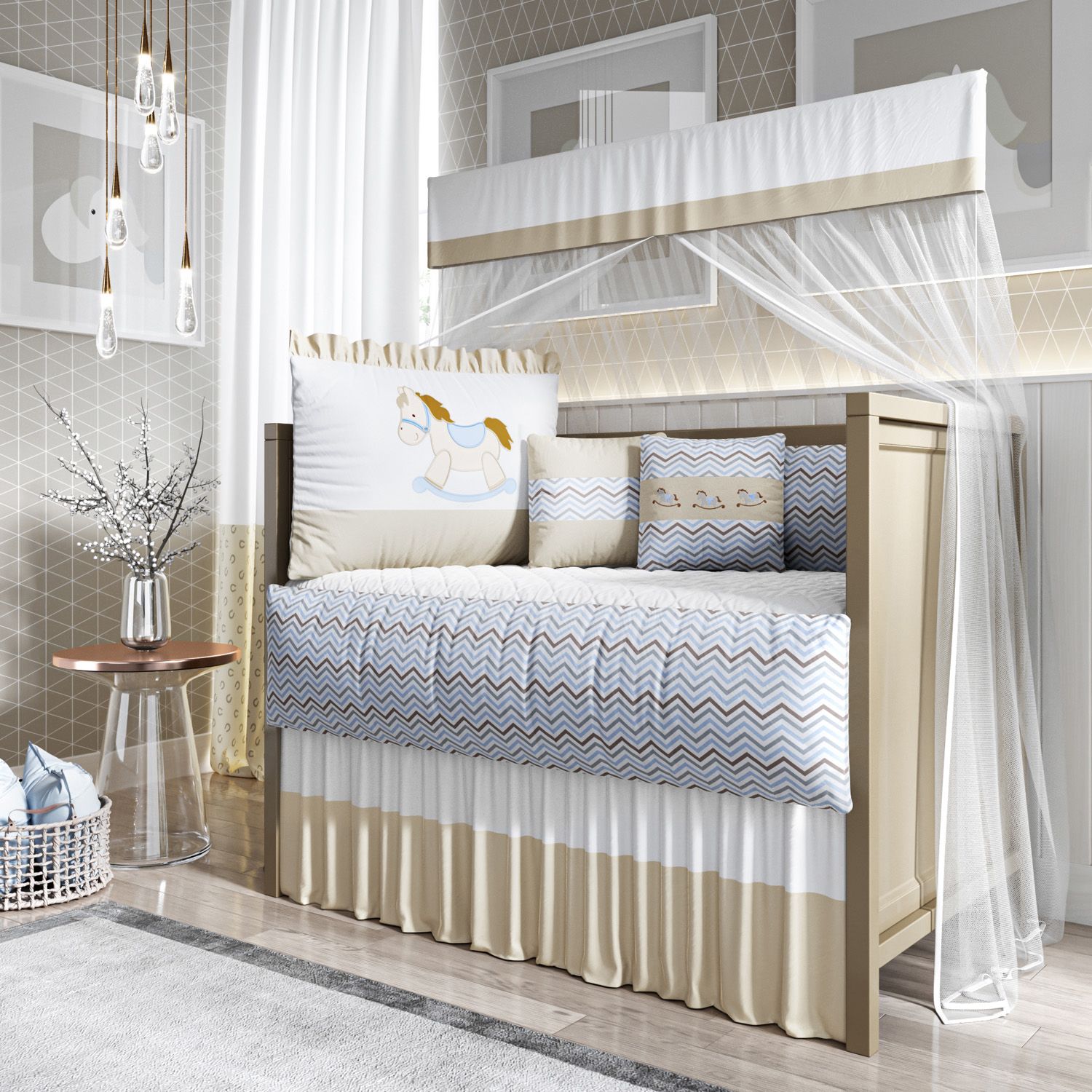 Kit Berço Cavalinho Chevron Bege