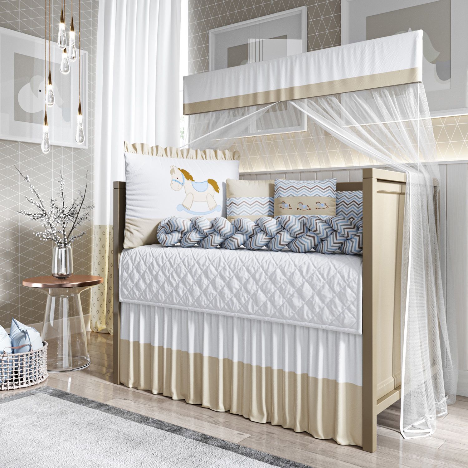 Kit Berço Trança Cavalinho Chevron Bege