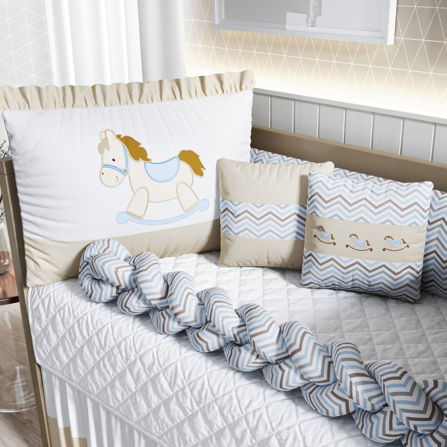 Kit Berço Trança Cavalinho Chevron Bege
