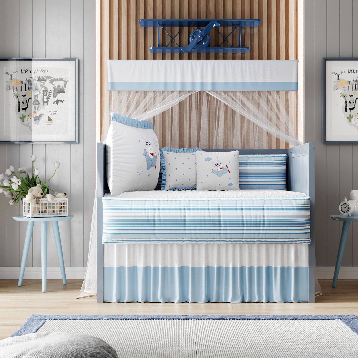 Kit Berço Coelhinho Aviador Azul