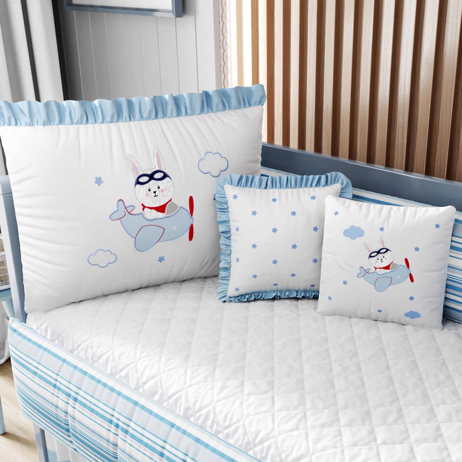 Kit Berço Coelhinho Aviador Azul