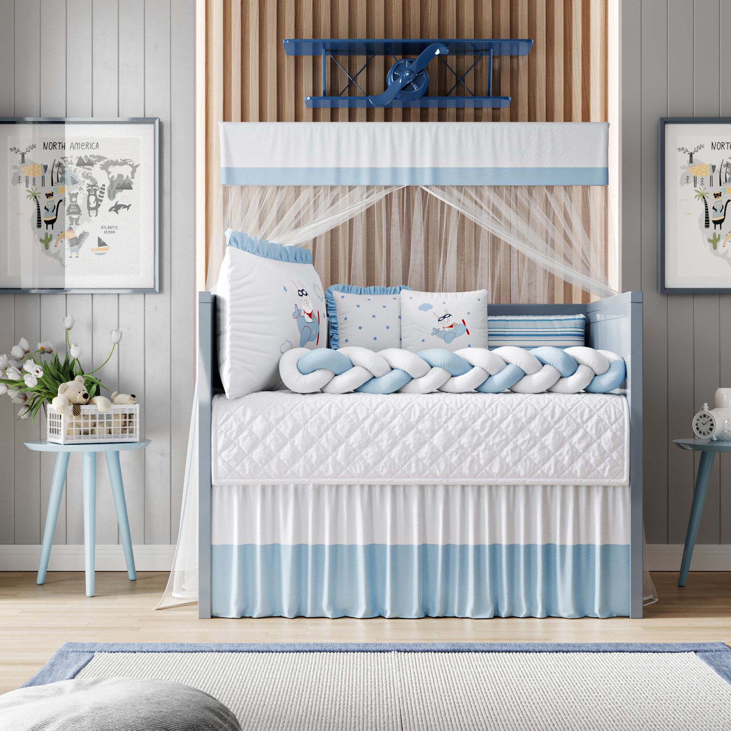 Kit Berço Trança Coelhinho Aviador Azul