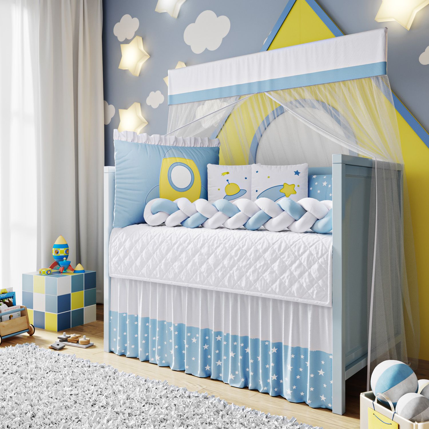 Kit Berço Trança Foguete Azul