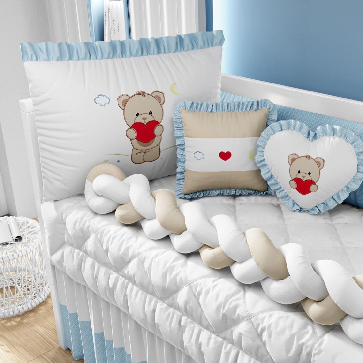 Kit Berço Trança Ursinho Coração Azul