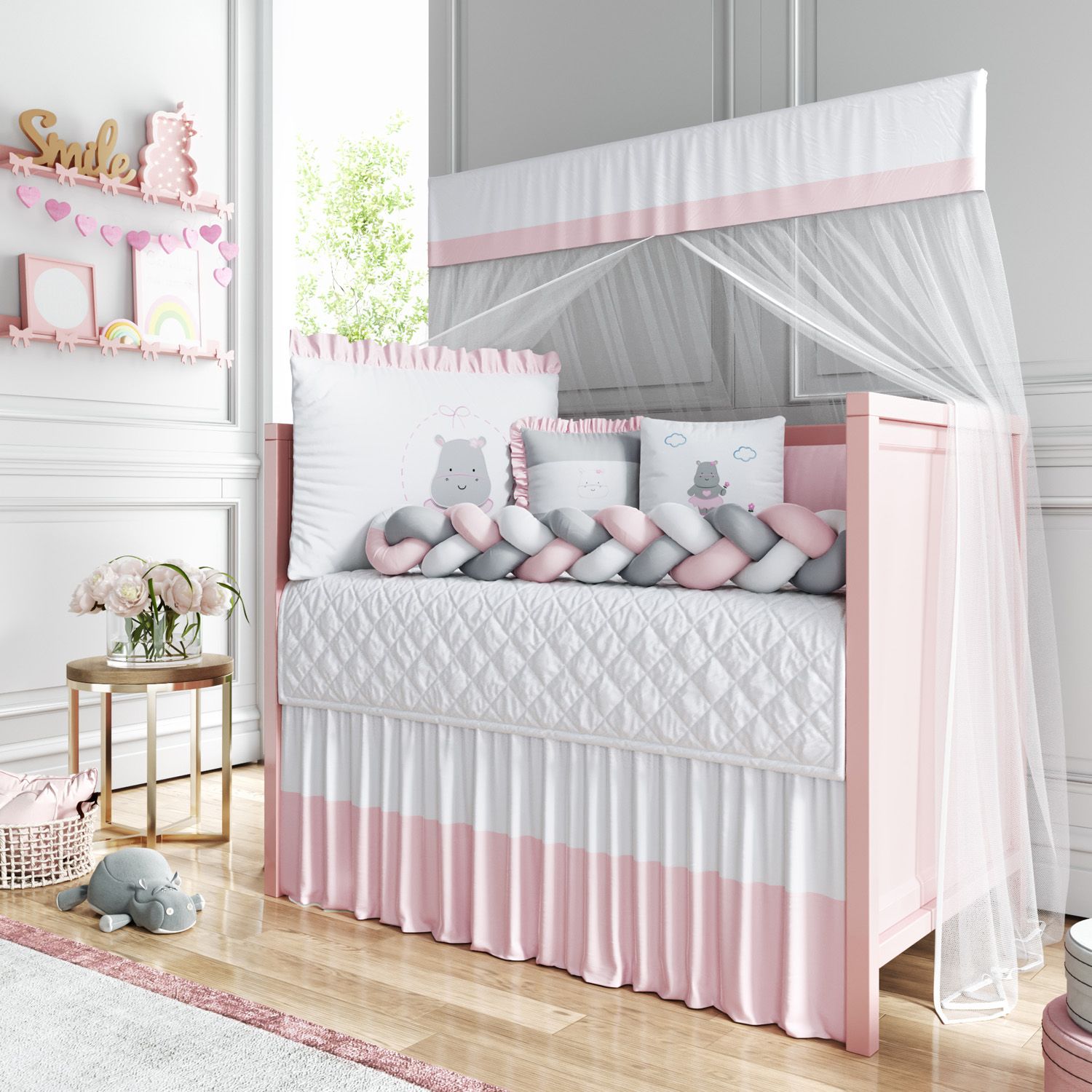 Kit Berço Trança Hipopótamo Rosa