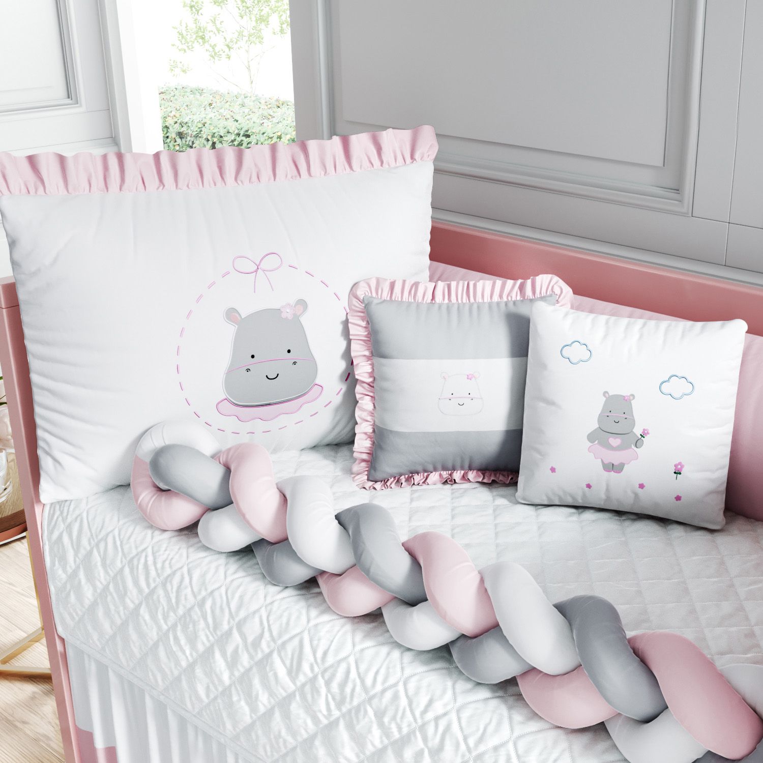 Kit Berço Trança Hipopótamo Rosa