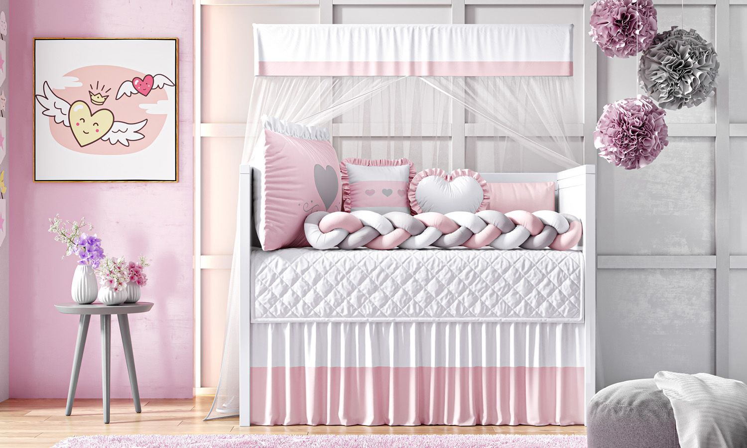 Kit Berço Trança Coração Rosa