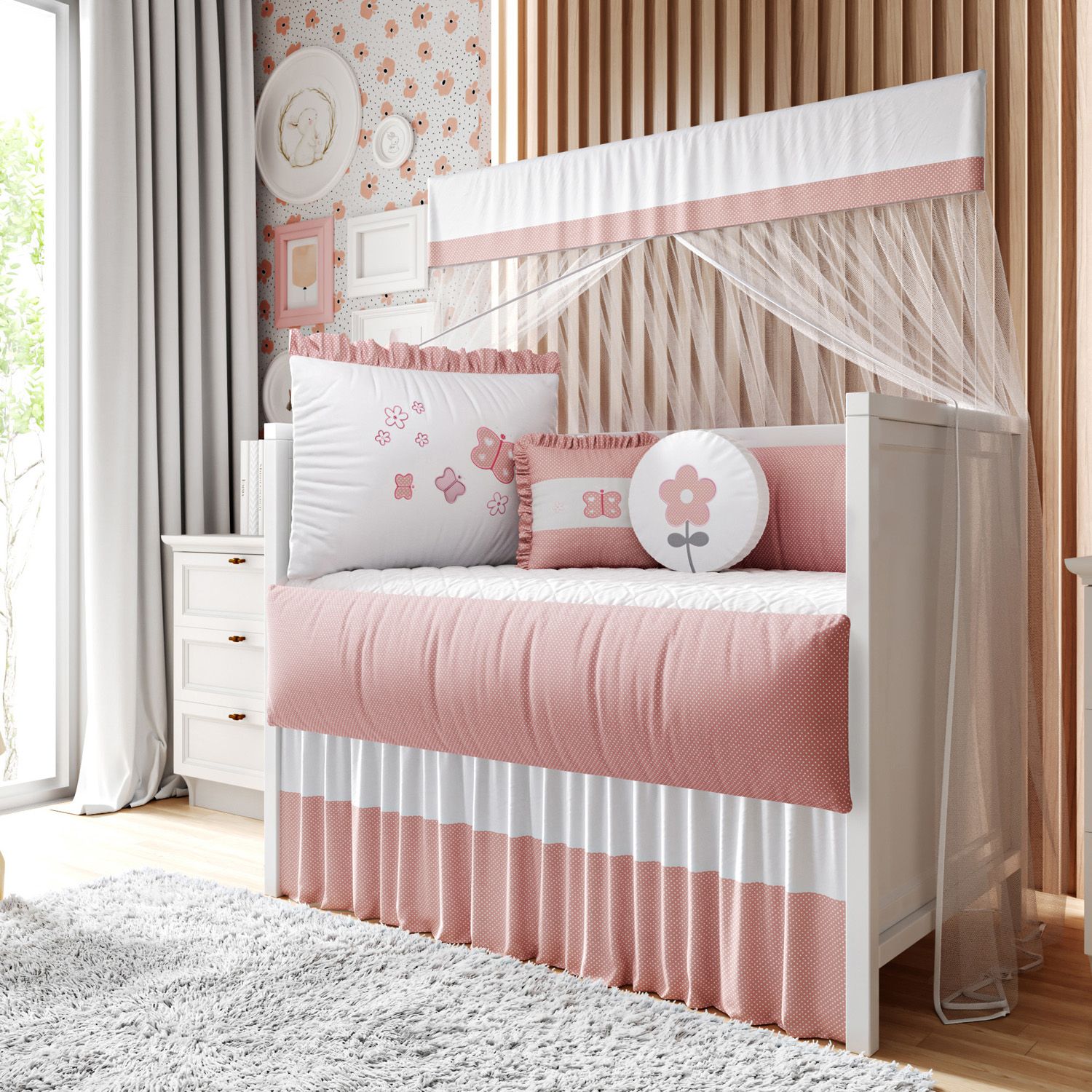 Kit Berço Borboleta Poá Rosé