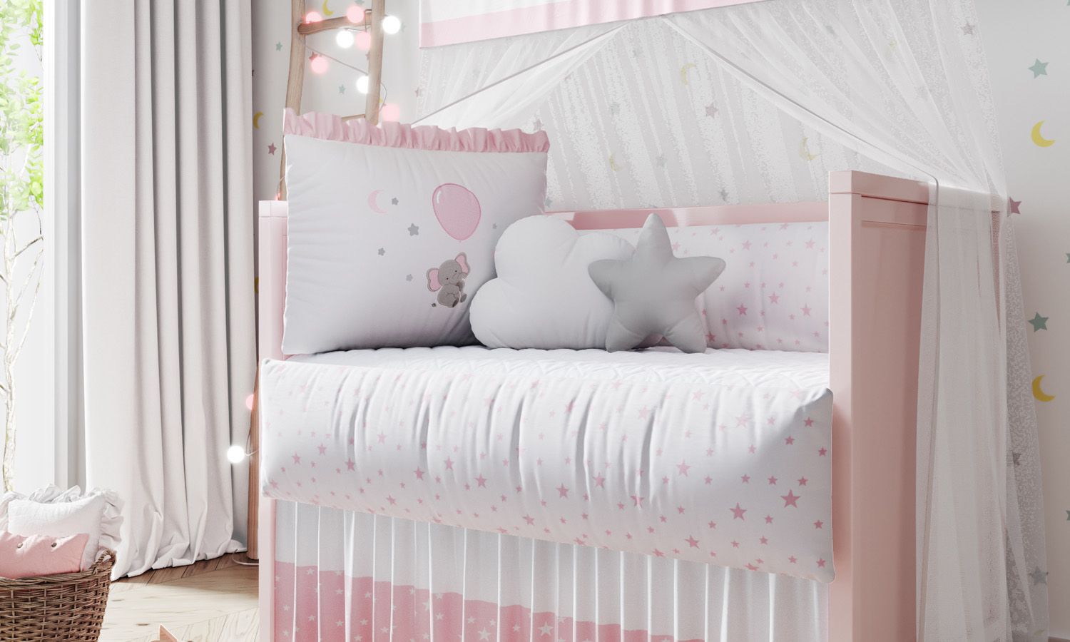 Kit Berço Sonhe Alto Elefantinha Rosa