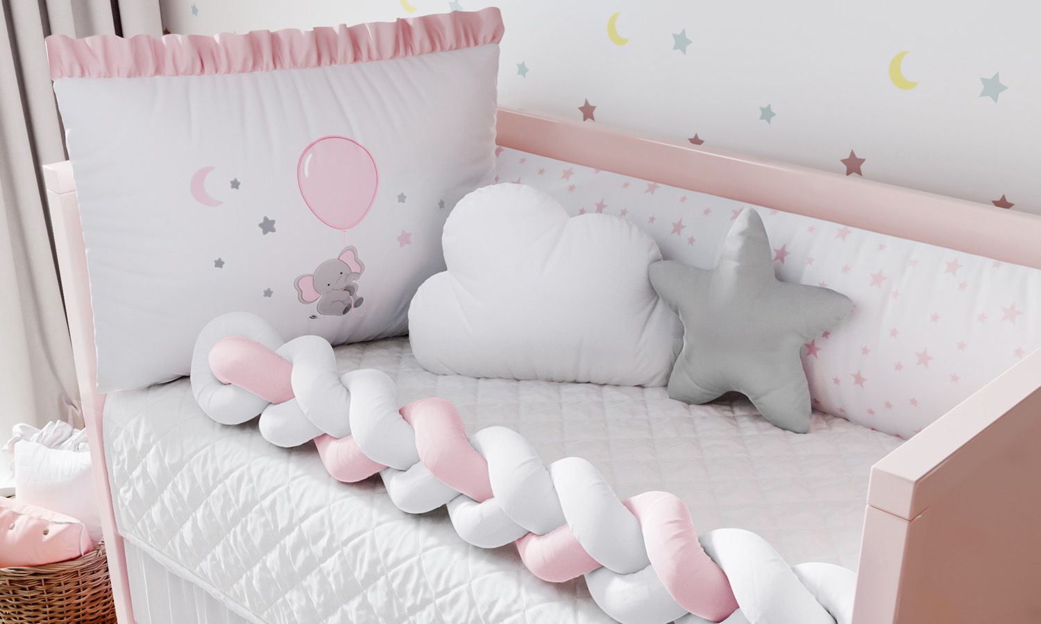 Kit Berço Trança Sonhe Alto Elefantinha Rosa