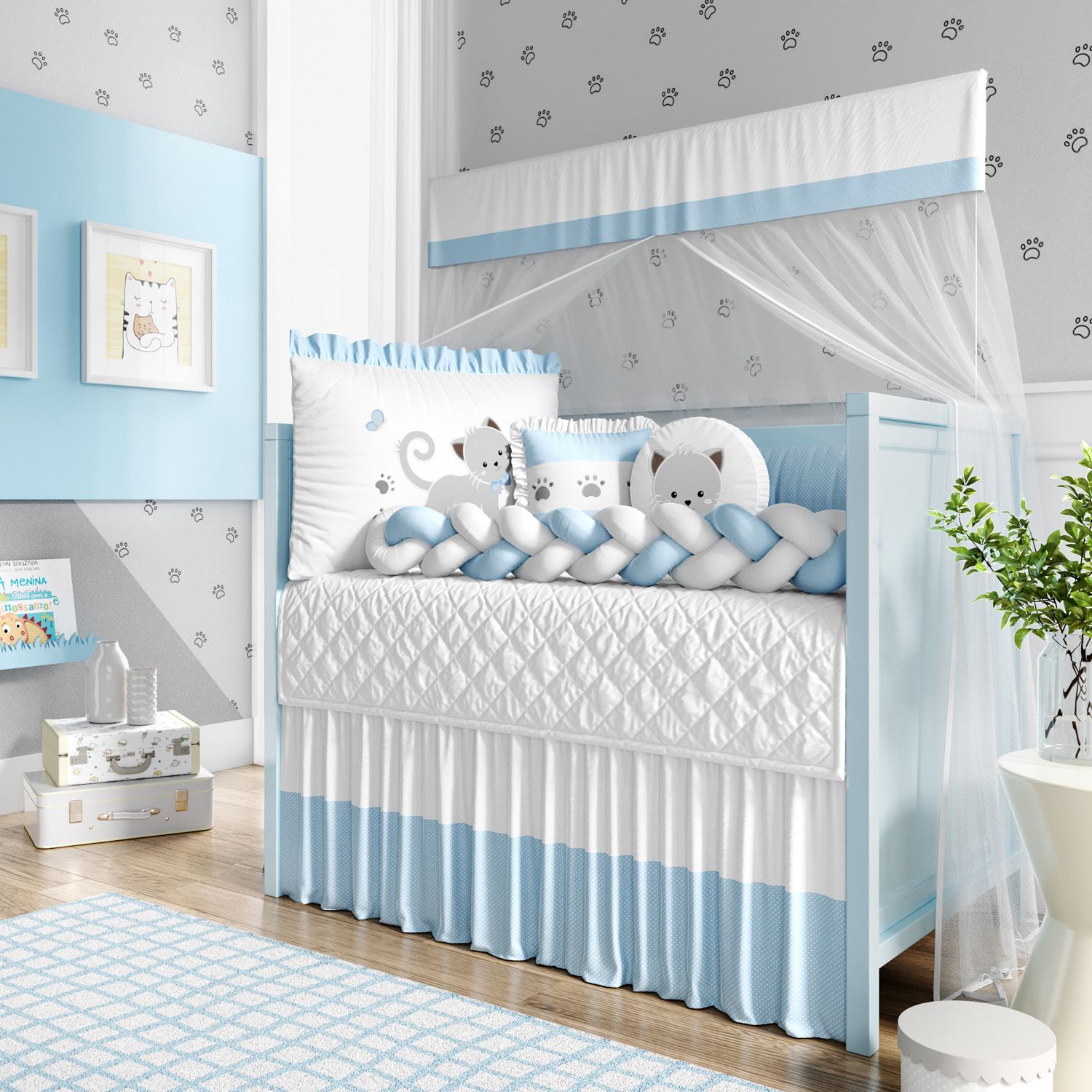 Kit Berço Trança Gatinho Azul