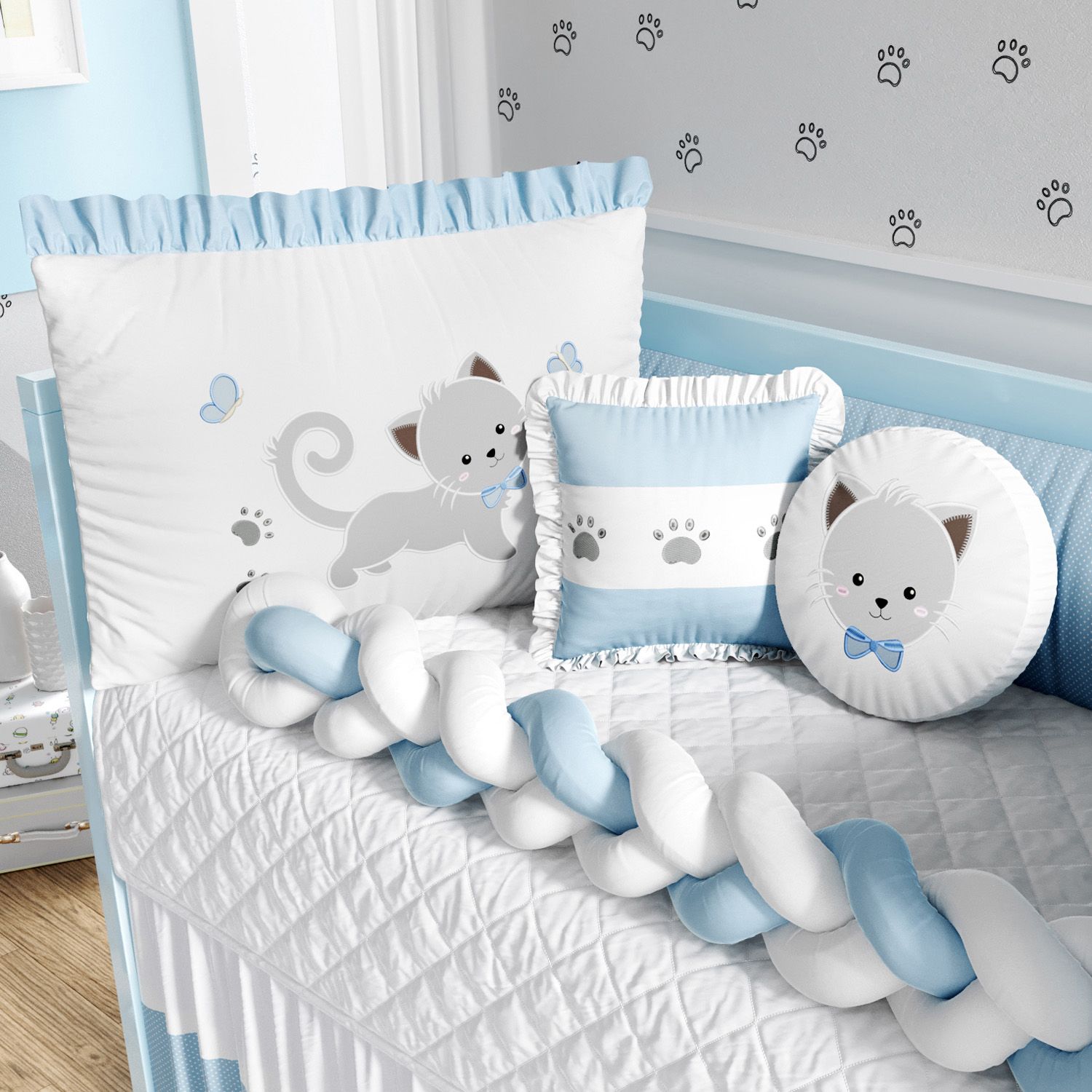 Kit Berço Trança Gatinho Azul