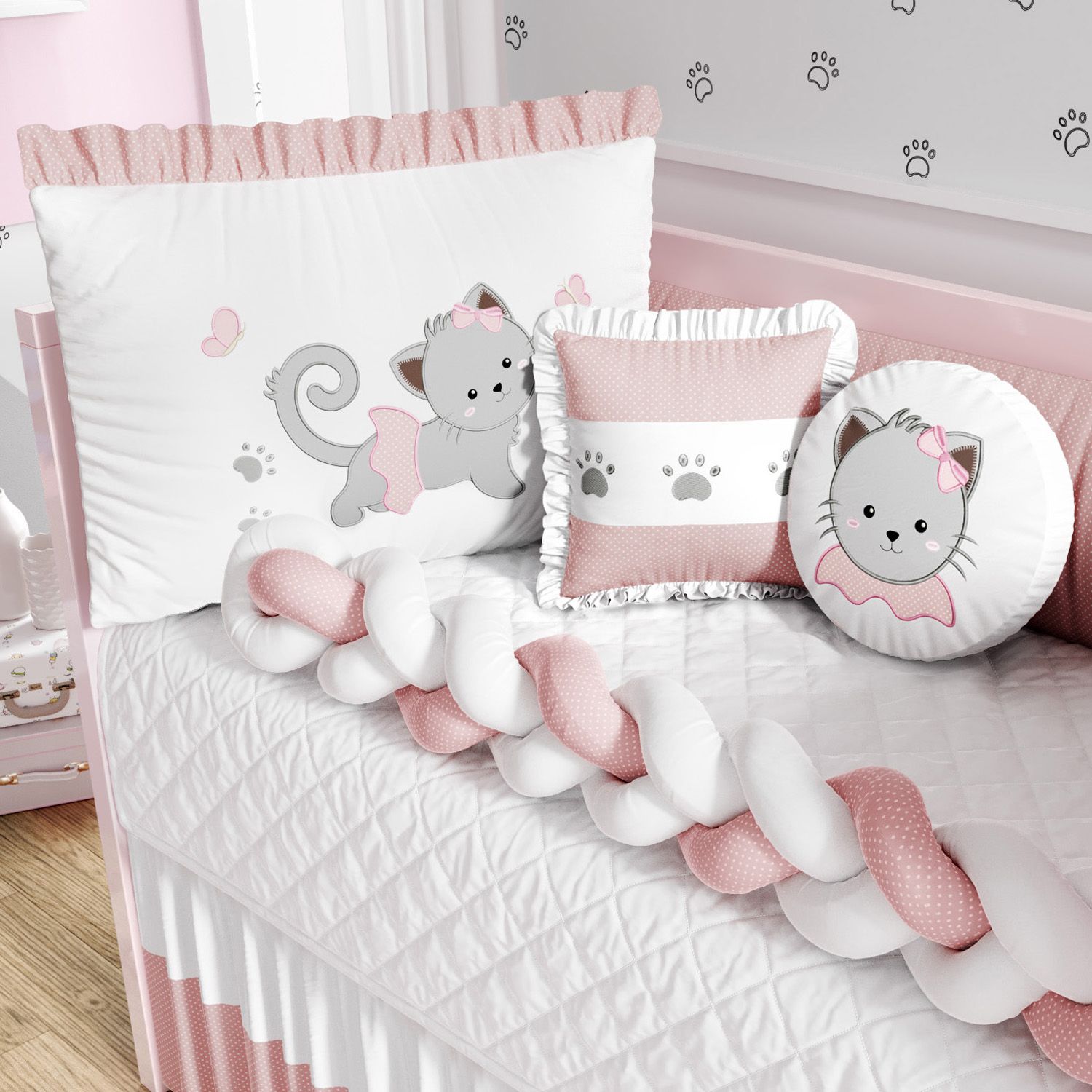 Kit Berço Trança Gatinha Rosa