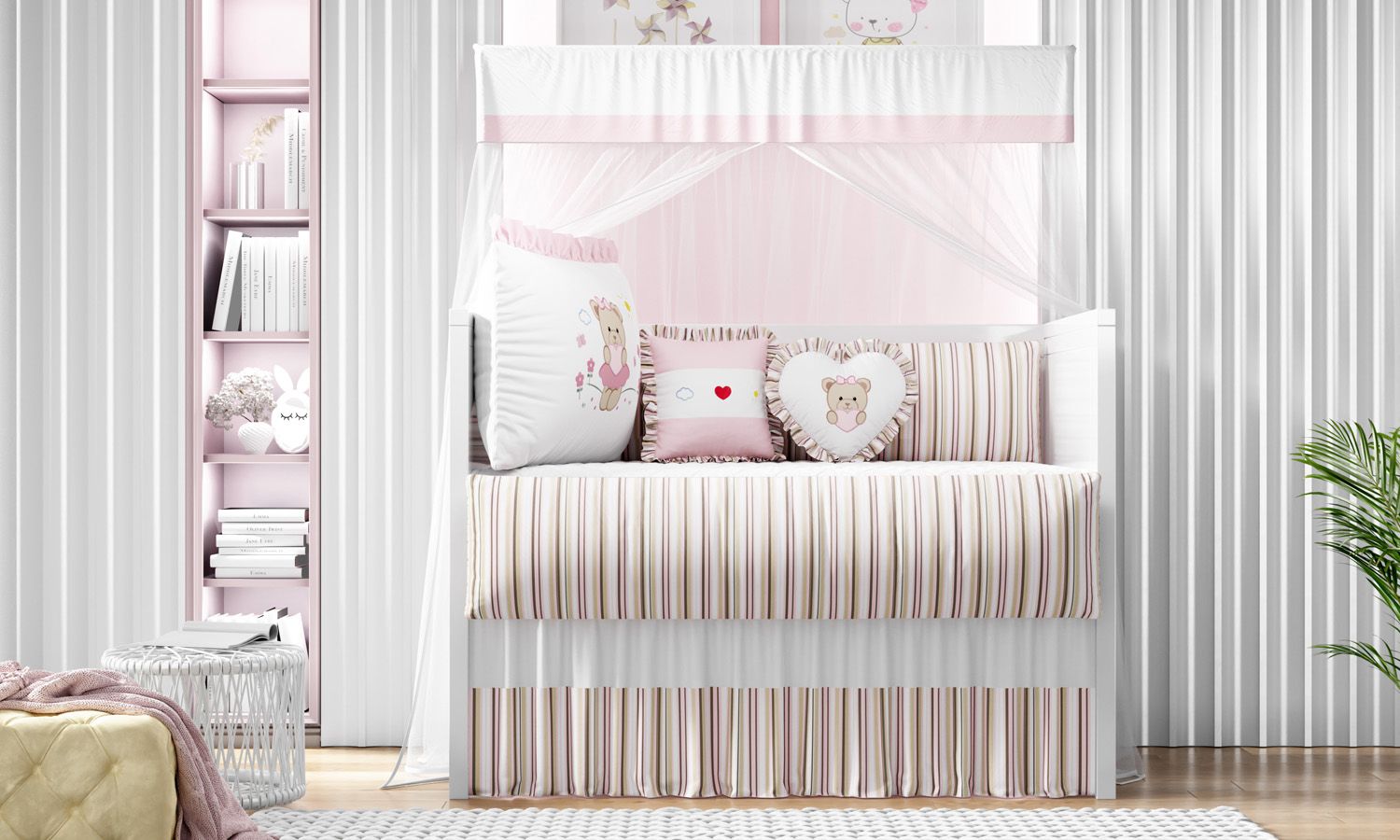 Kit Berço Menina Ursinha Coração Rosa