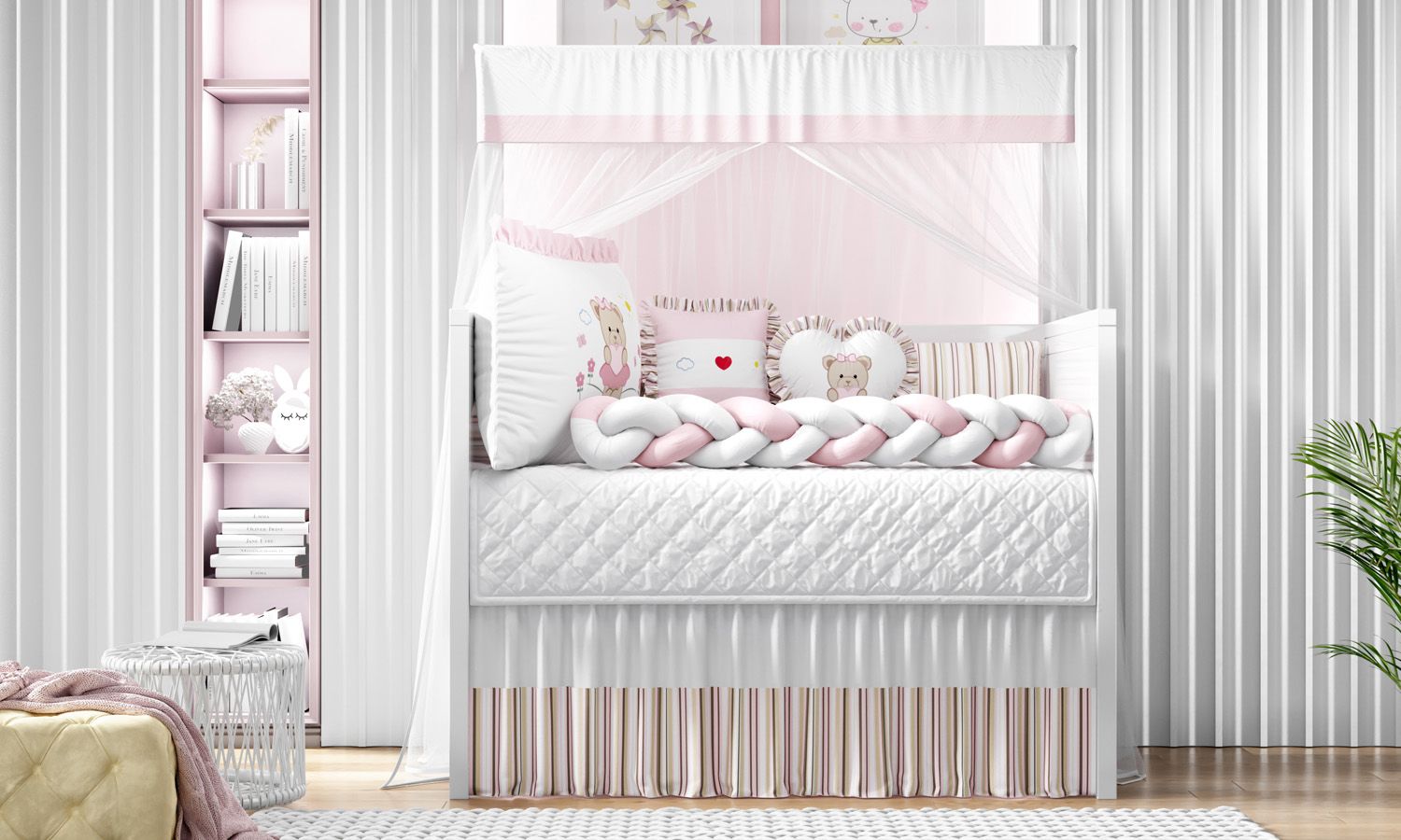 Kit Berço Trança Menina Ursinha Coração Rosa