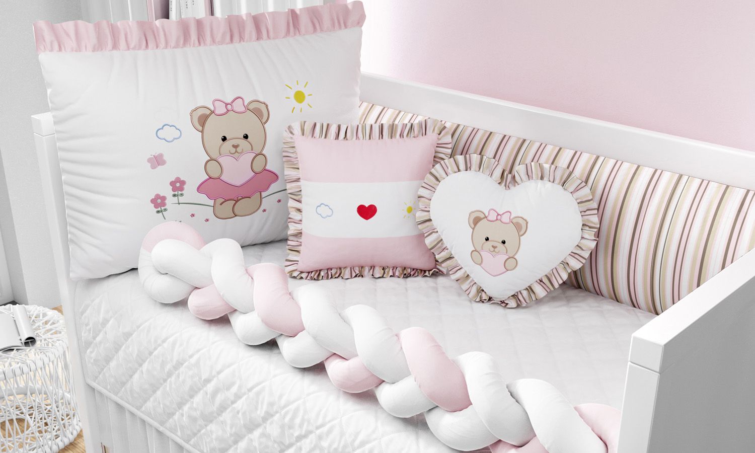 Kit Berço Trança Menina Ursinha Coração Rosa