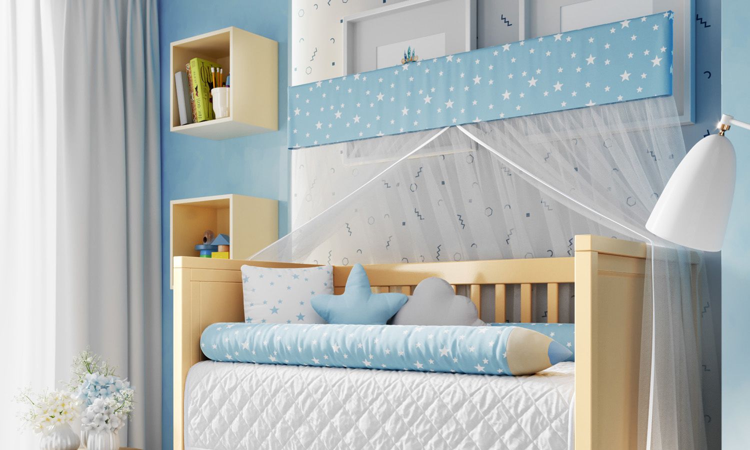 Kit Berço Rolinho Lápis Estrelinha Azul