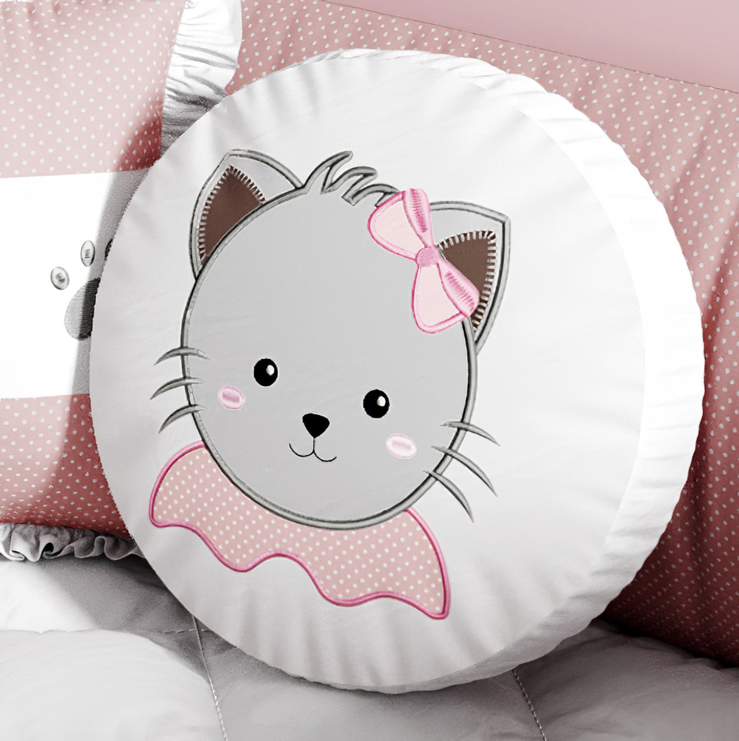 Almofada Redonda Gatinha Rosa 35cm