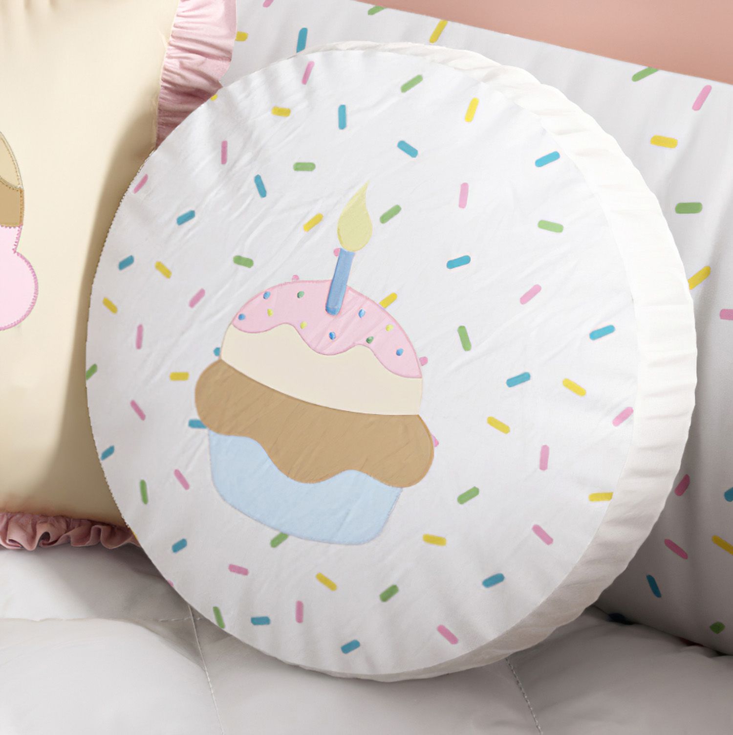 Almofada Redonda Cupcake Colorido Doce Sonho 35cm