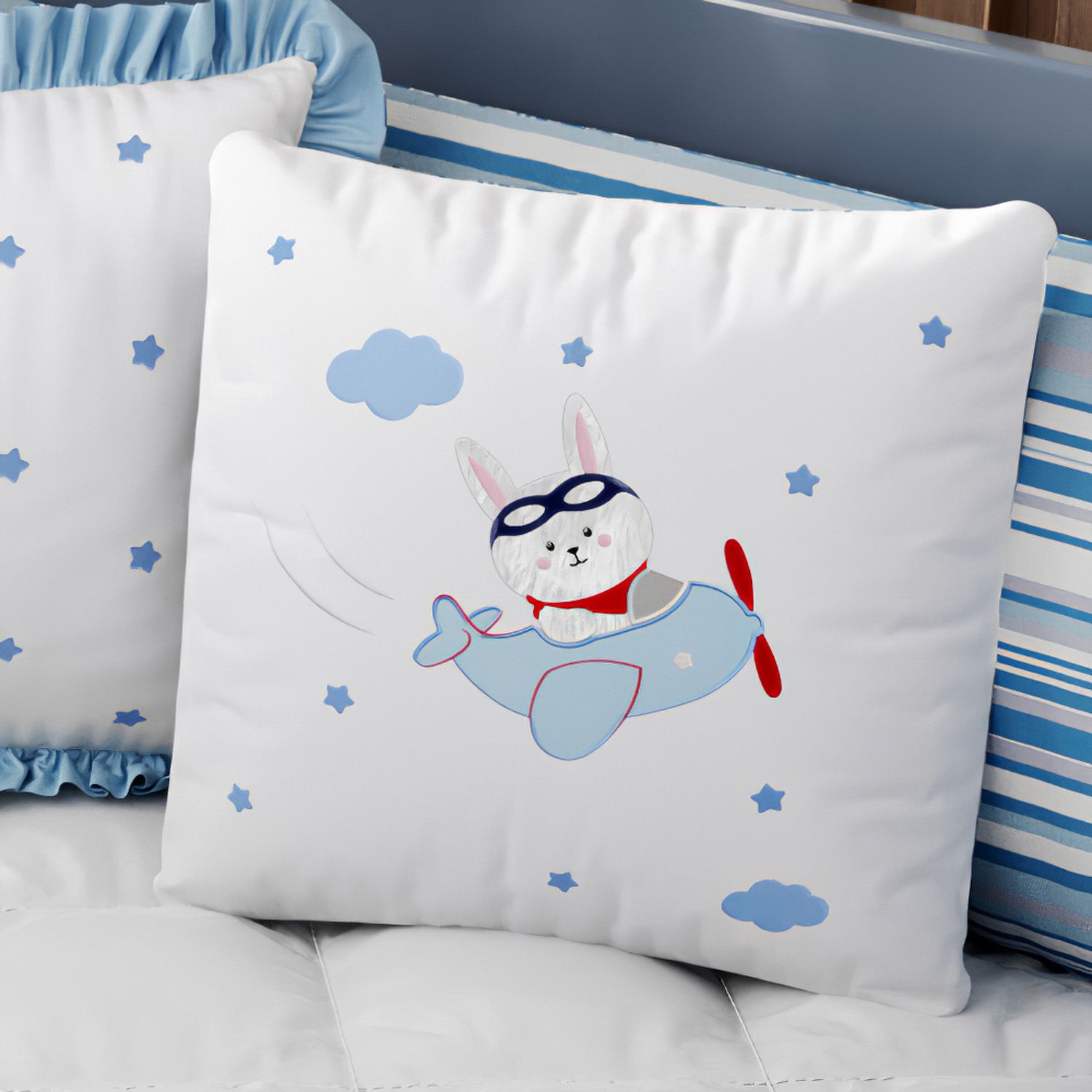 Almofada Quadrada Coelhinho Aviador Azul 35cm