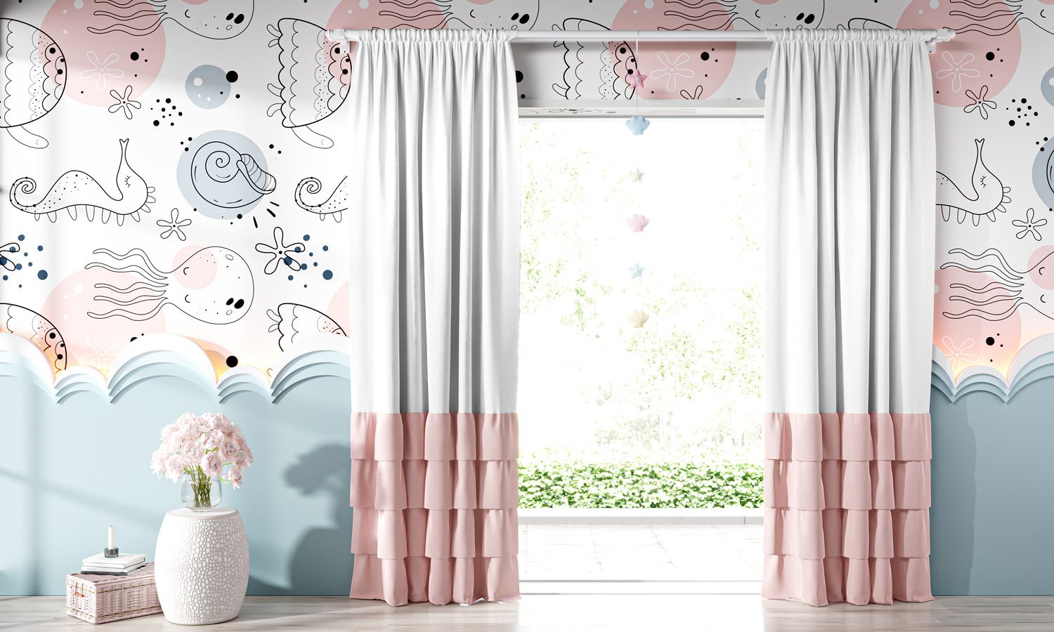 Cortina Babados Duplos Rosa