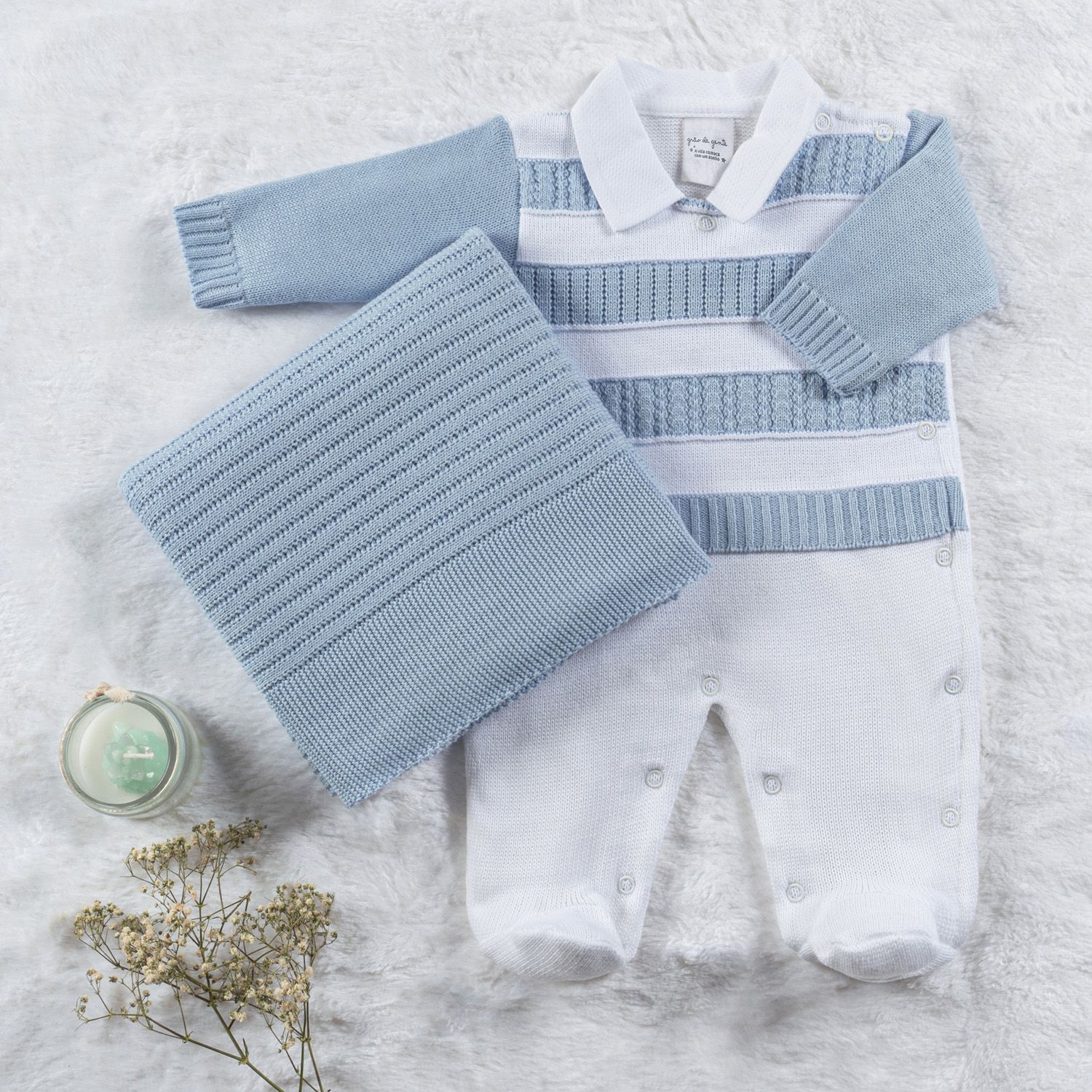 Saída Maternidade Tricot Macacão Listrado Amarelo Baunilha 02 Peças