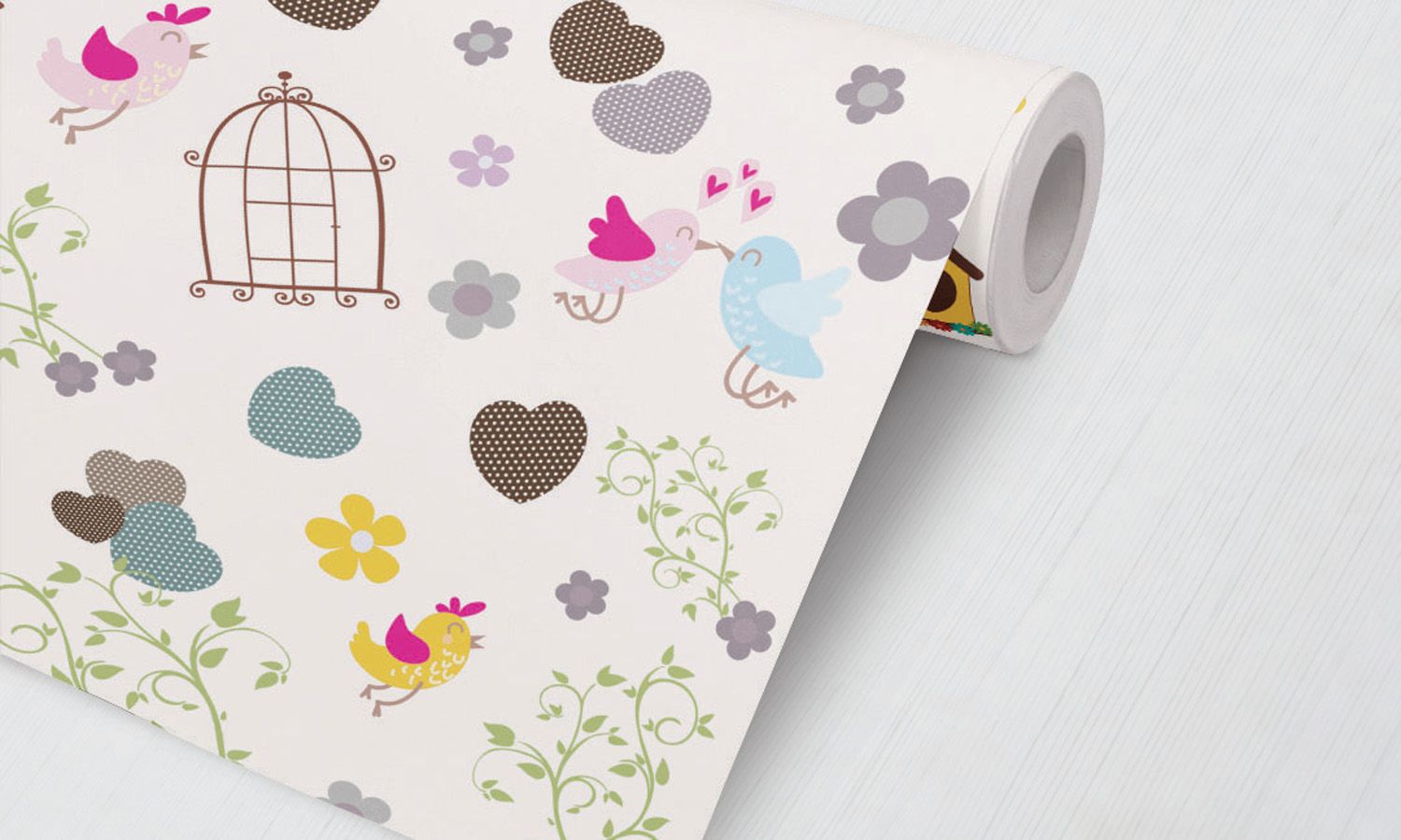 Papel de Parede Passarinhos, Flores e Corações Colorido 3M