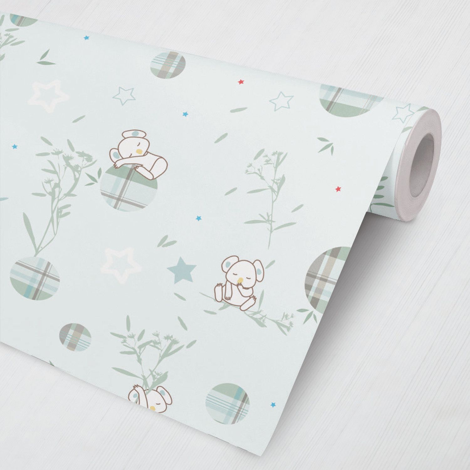 Papel de Parede Coala Eucalipto Xadrez Verde 3M