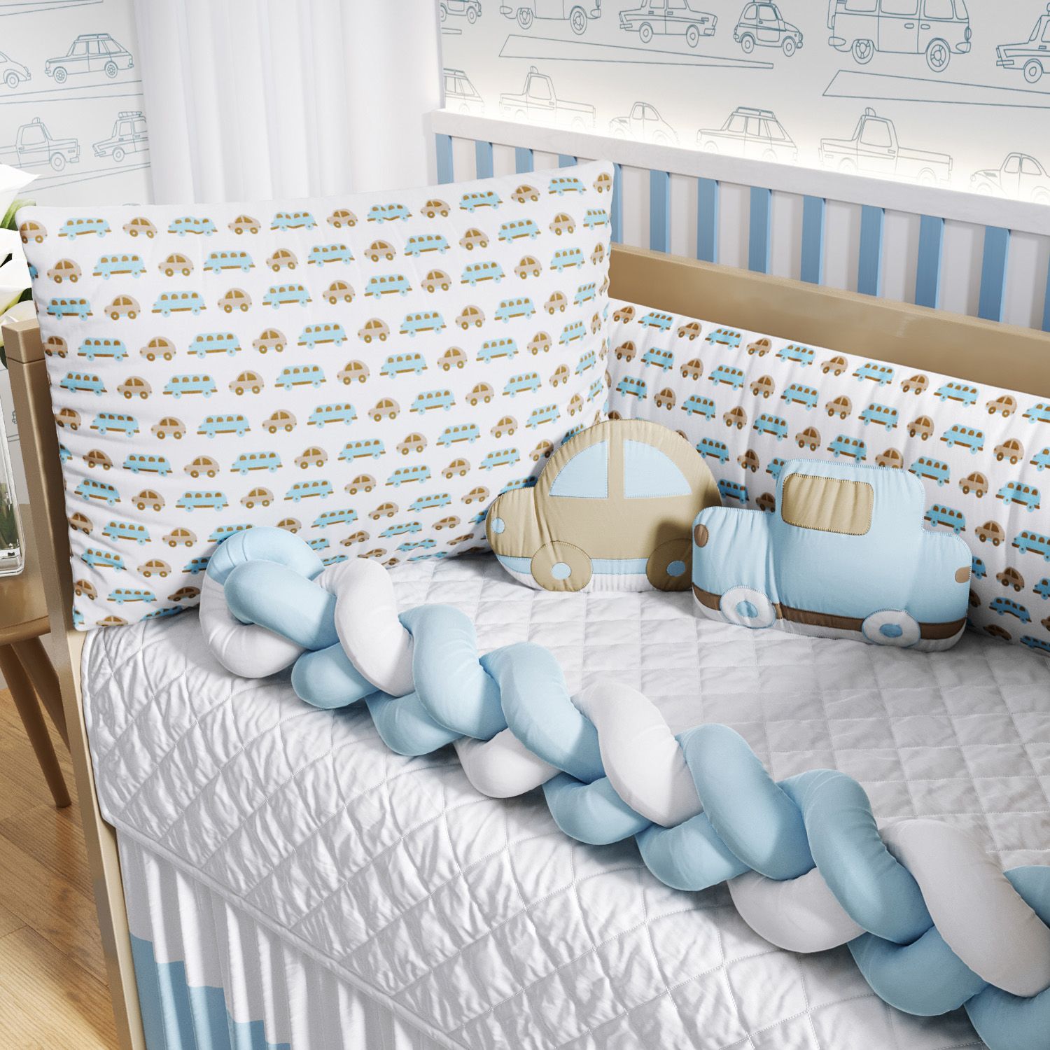 Kit Berço Trança Carrinhos Azul