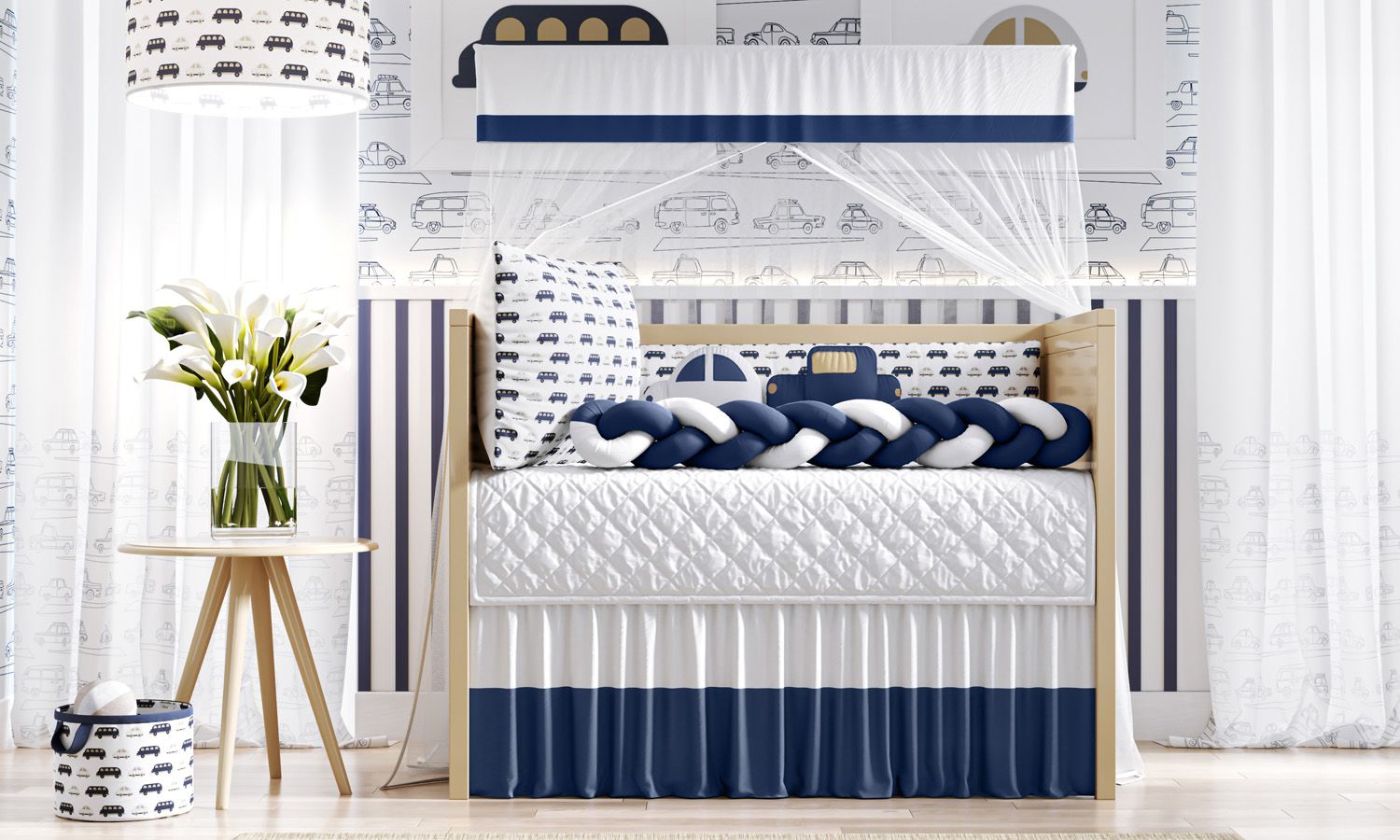 Kit Berço Trança Carrinhos Azul