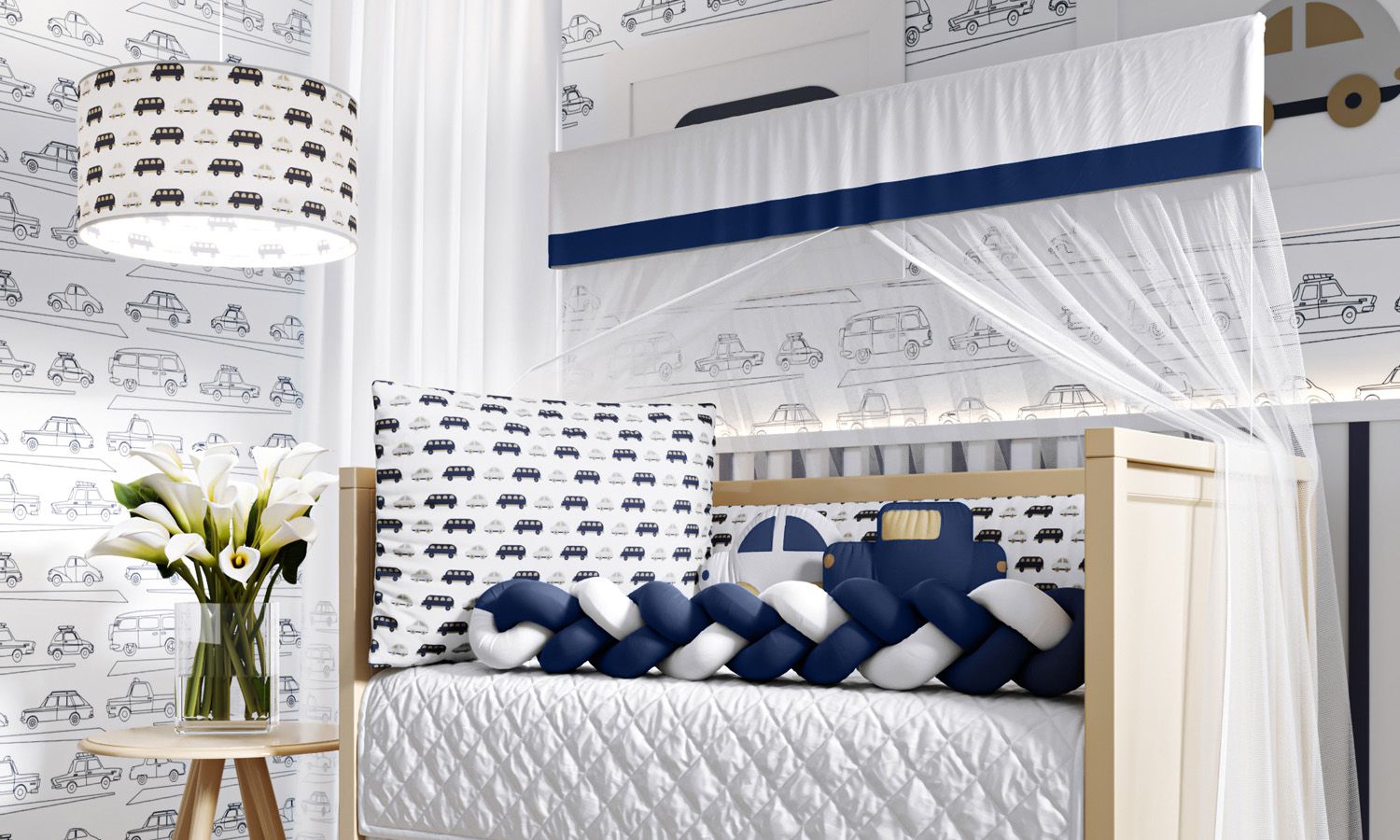 Kit Berço Trança Carrinhos Azul