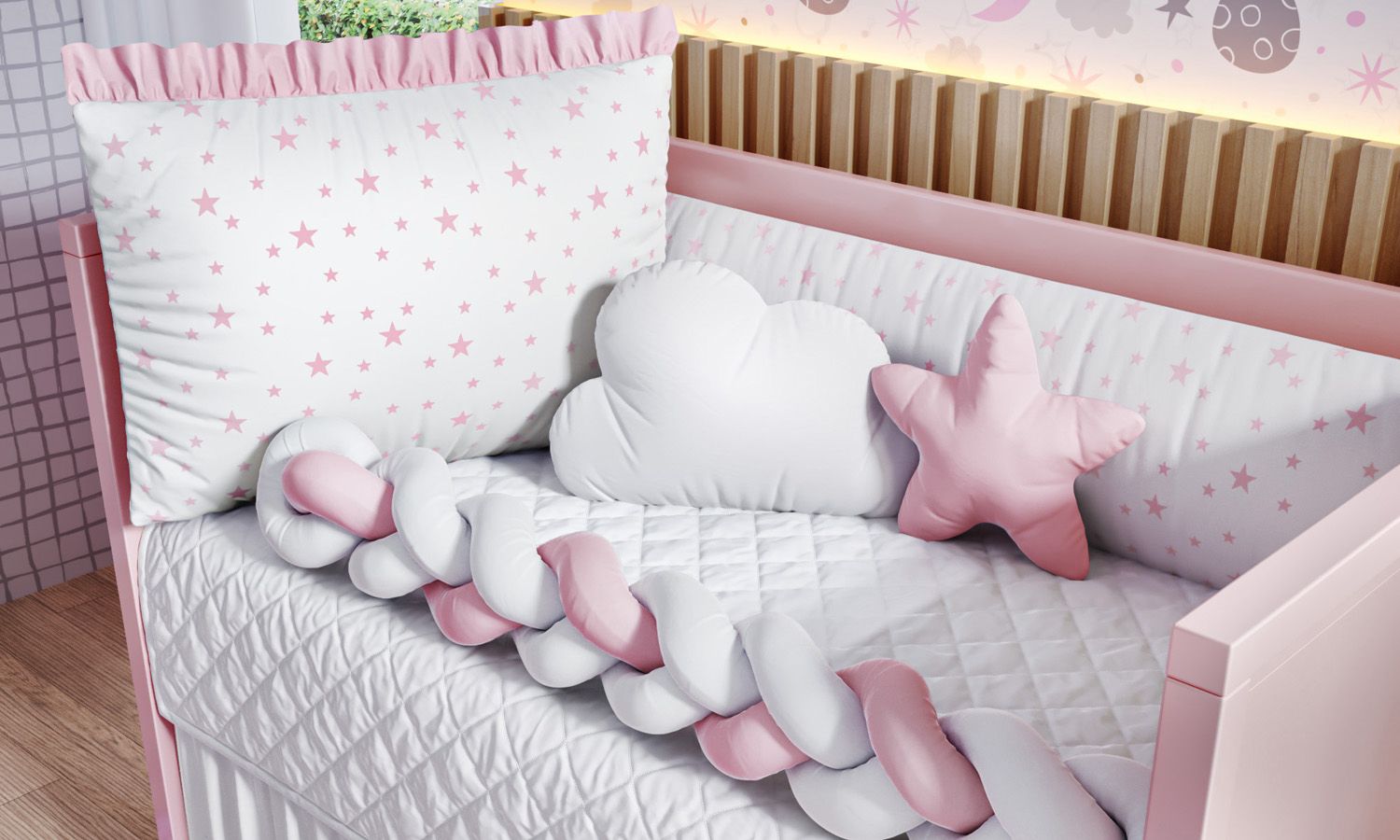 Kit Berço Trança Estrelinha Rosa
