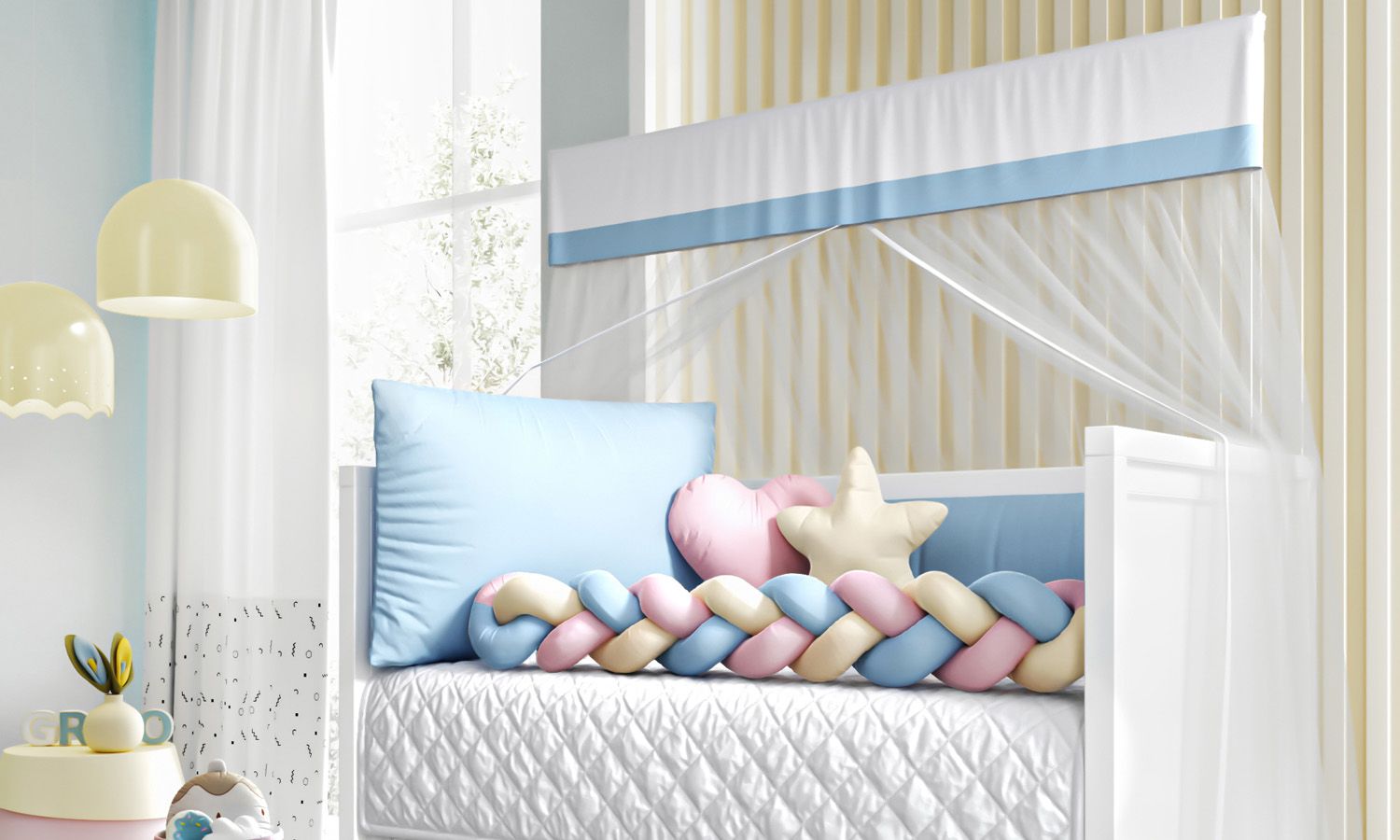 Kit Berço Trança Colorida Azul Claro, Rosa e Amarelo