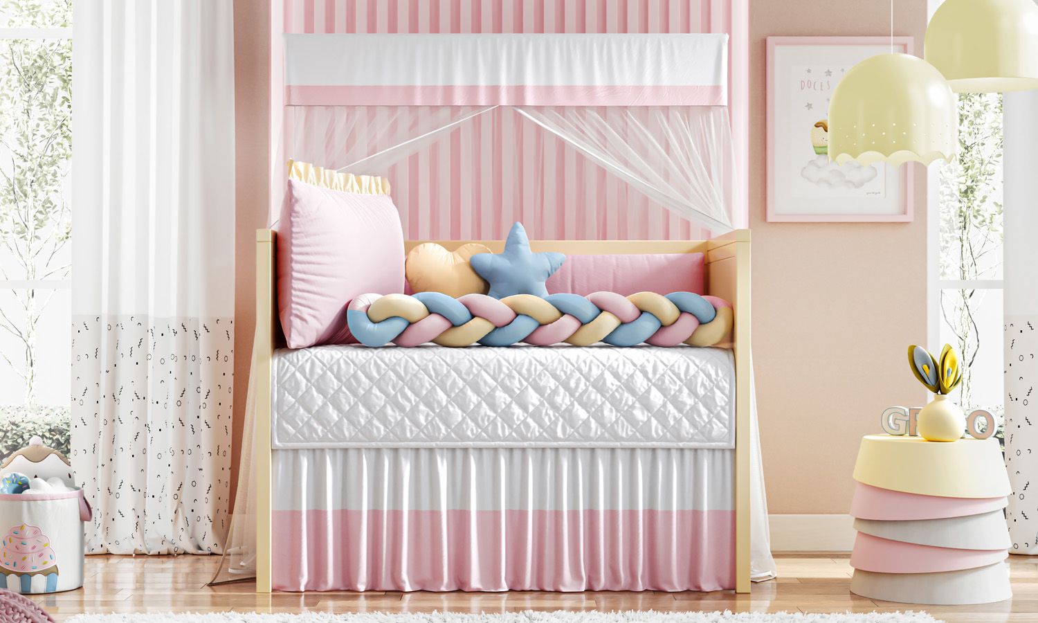 Kit Berço Trança Colorida Azul Claro, Rosa e Amarelo