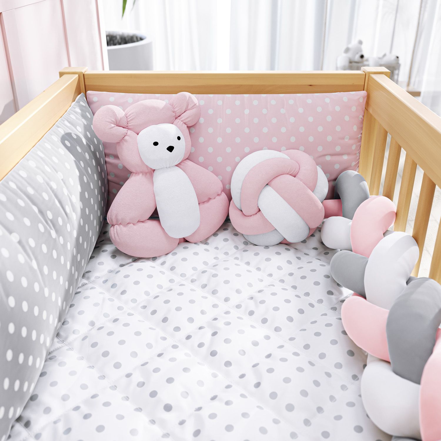 Kit Mini Berço Trança Poá Cinza e Rosa