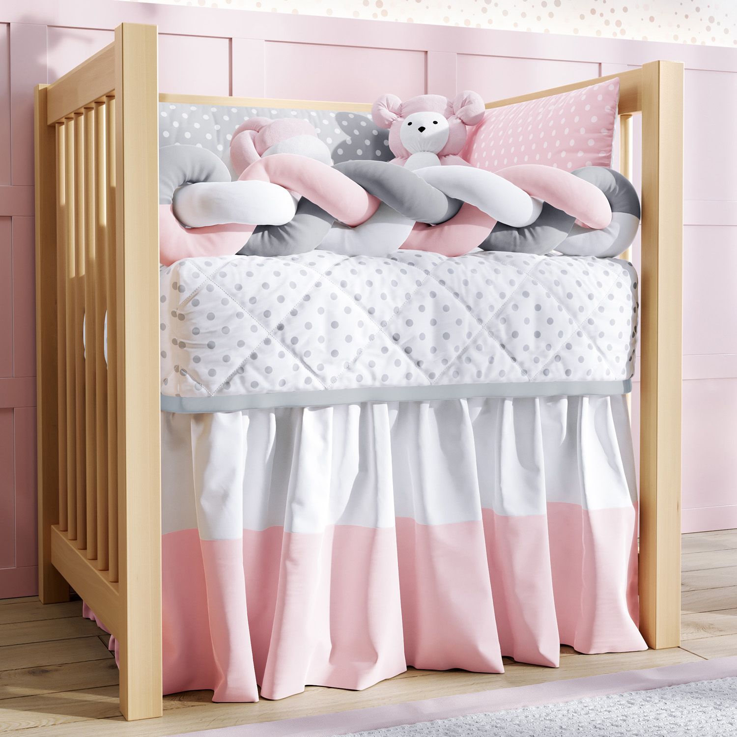 Kit Mini Berço Trança Poá Cinza e Rosa