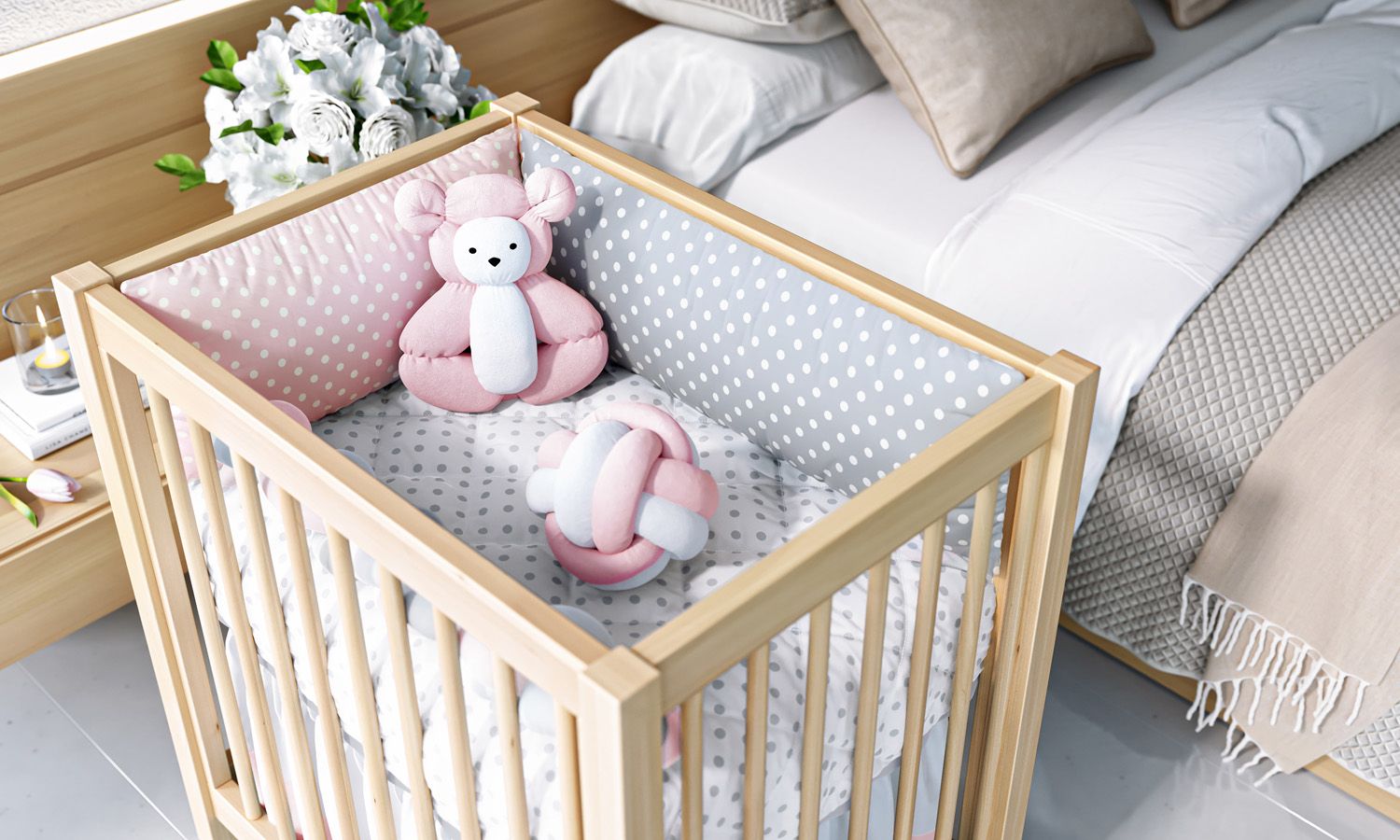 Kit Mini Berço Trança Poá Cinza e Rosa