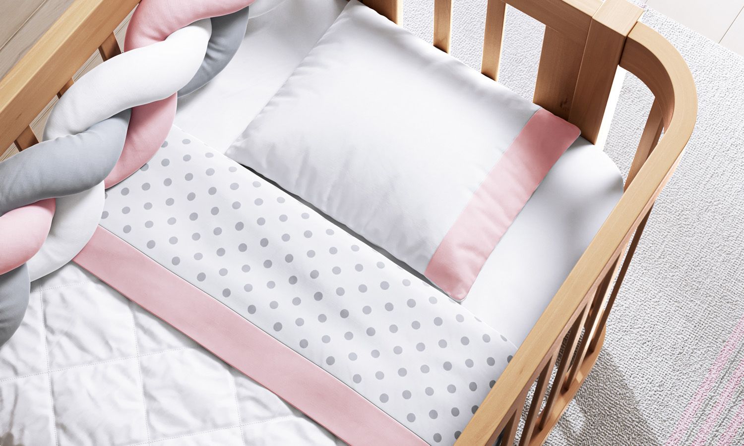 Kit Mini Berço Trança Poá Cinza e Rosa