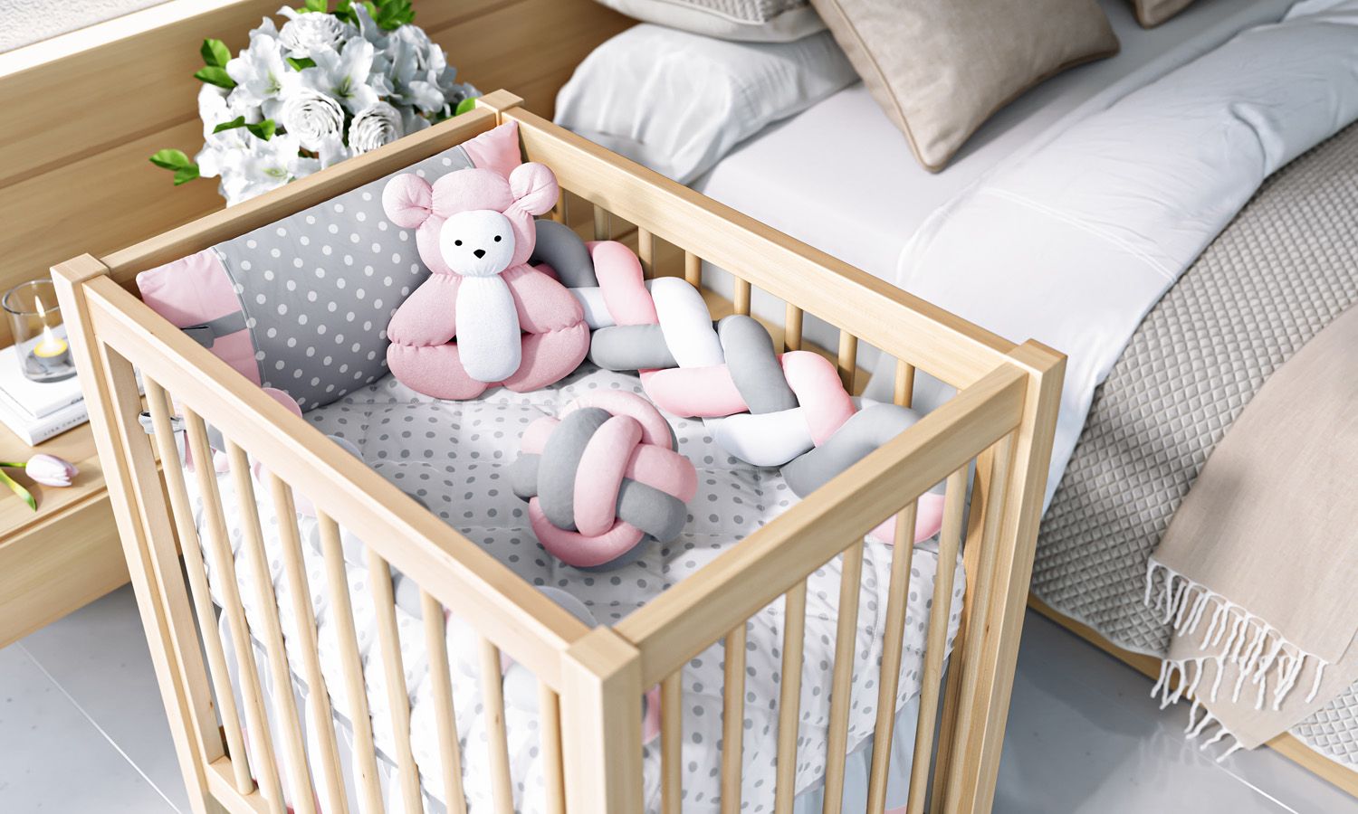 Kit Mini Berço Trança Poá Rosa