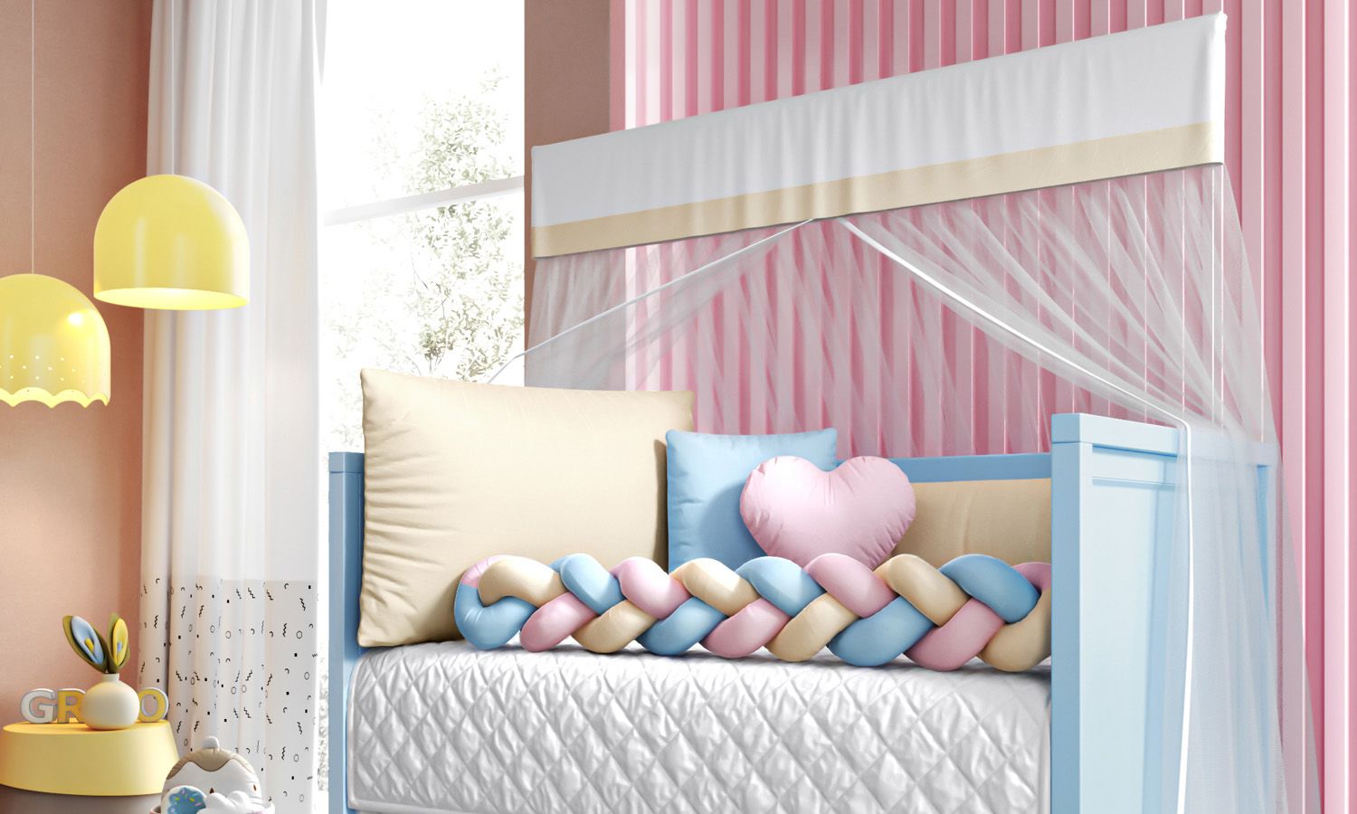 Kit Berço Trança Colorida Azul Claro, Rosa e Amarelo