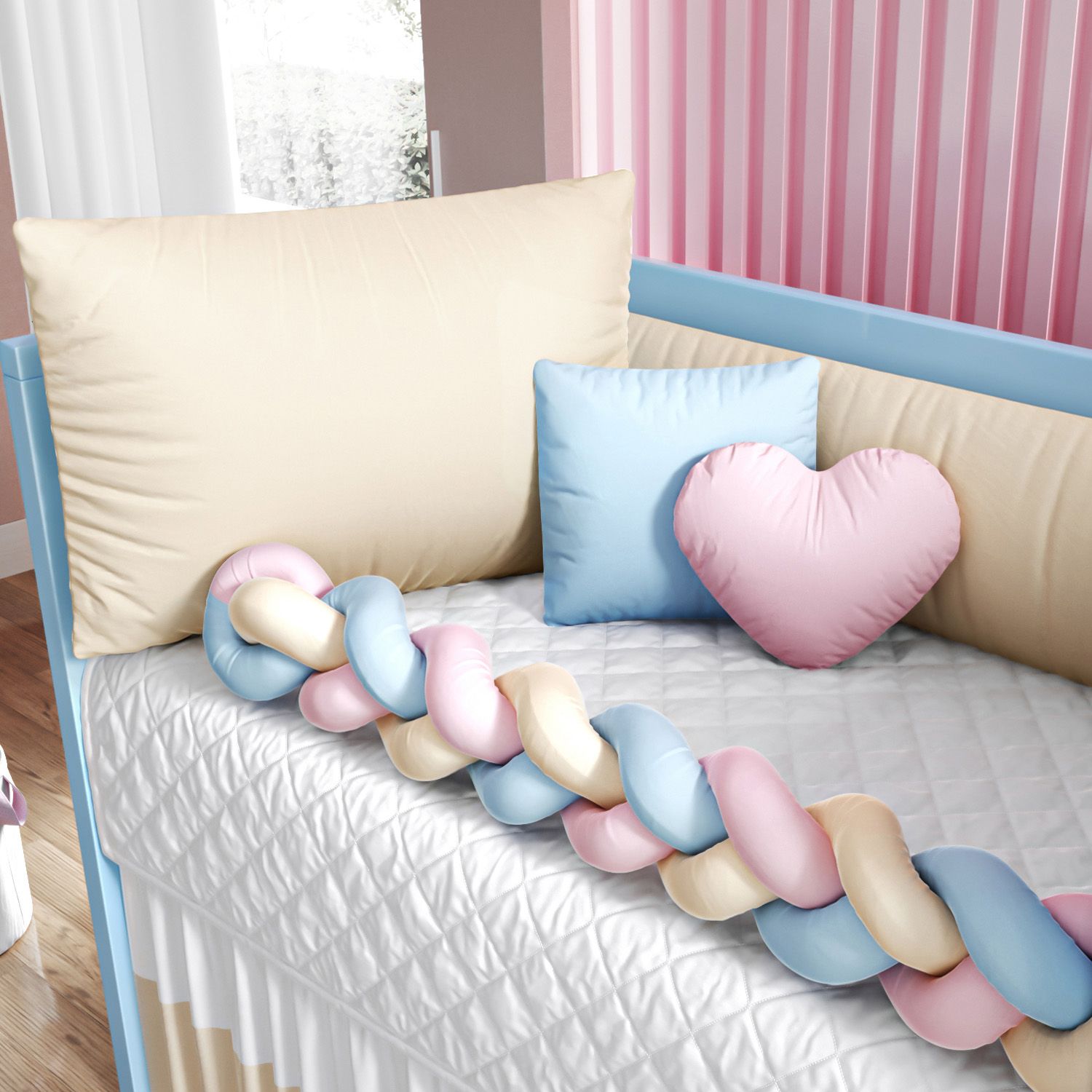 Kit Berço Trança Colorida Azul Claro, Rosa e Amarelo